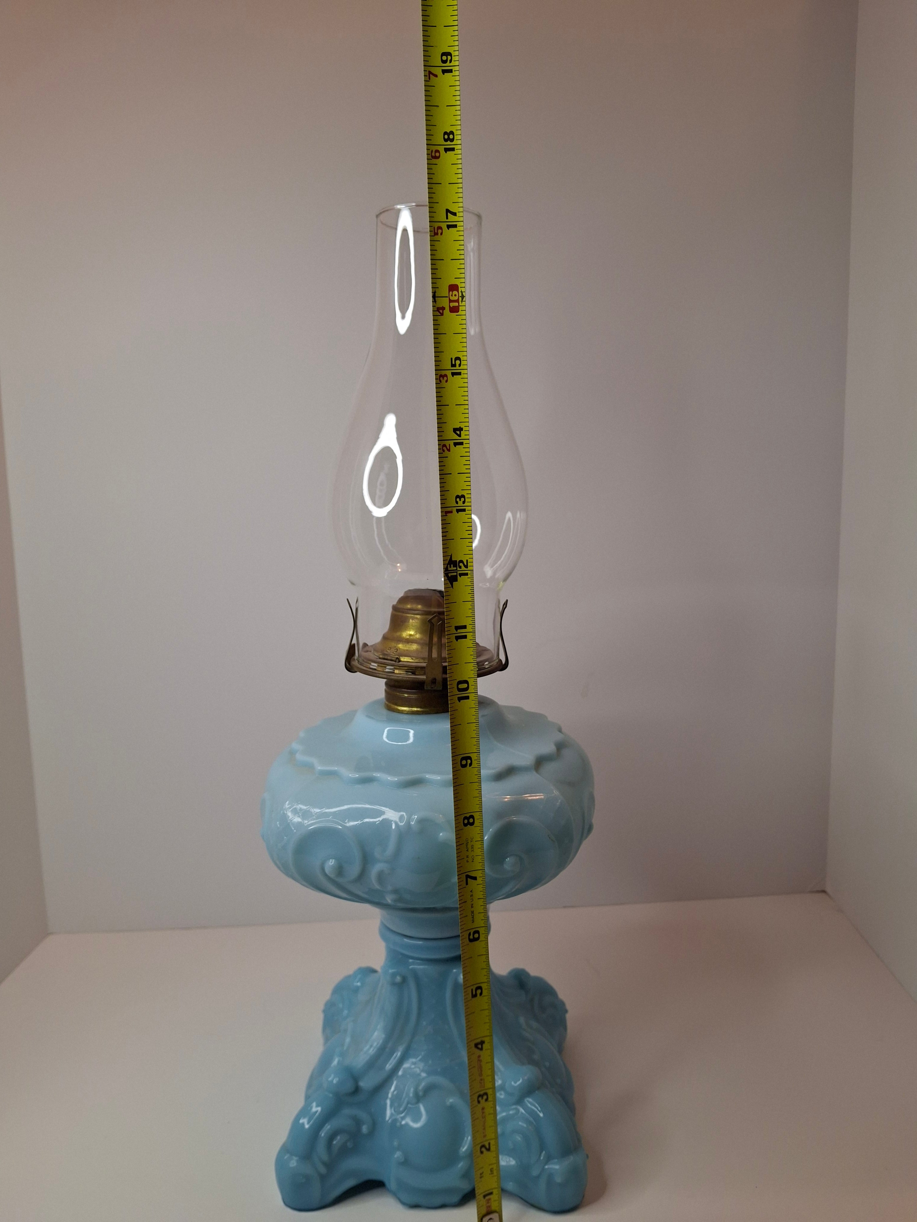 Antique Opaque Blue Glass Kerosene Lamp Princess Feather Pattern Scovill No 2