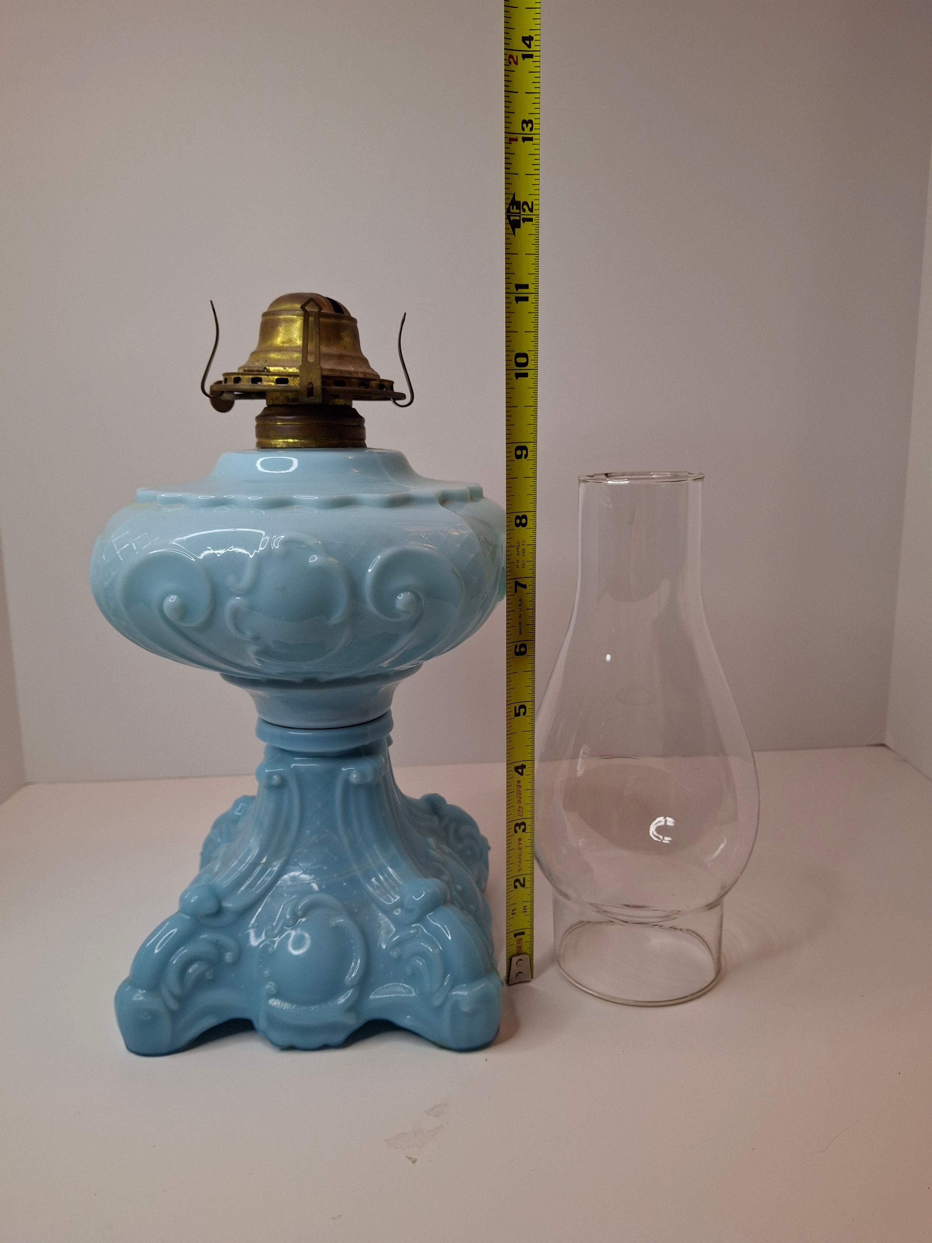 Antique Opaque Blue Glass Kerosene Lamp Princess Feather Pattern Scovill No 2