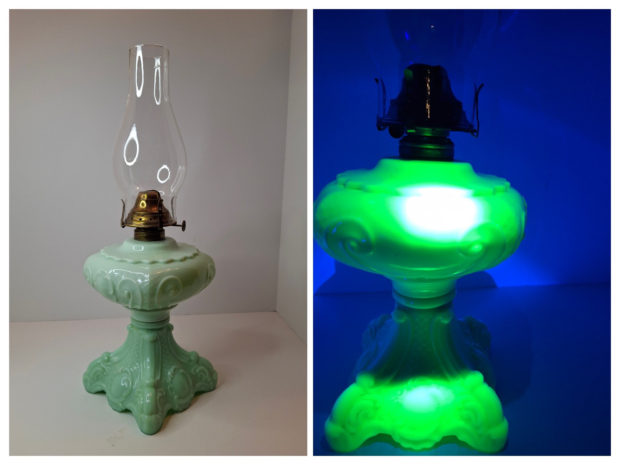 RARE Antique Princess Feather Opaque Green Uranium Glass Lamp - 10" Chrysoprase