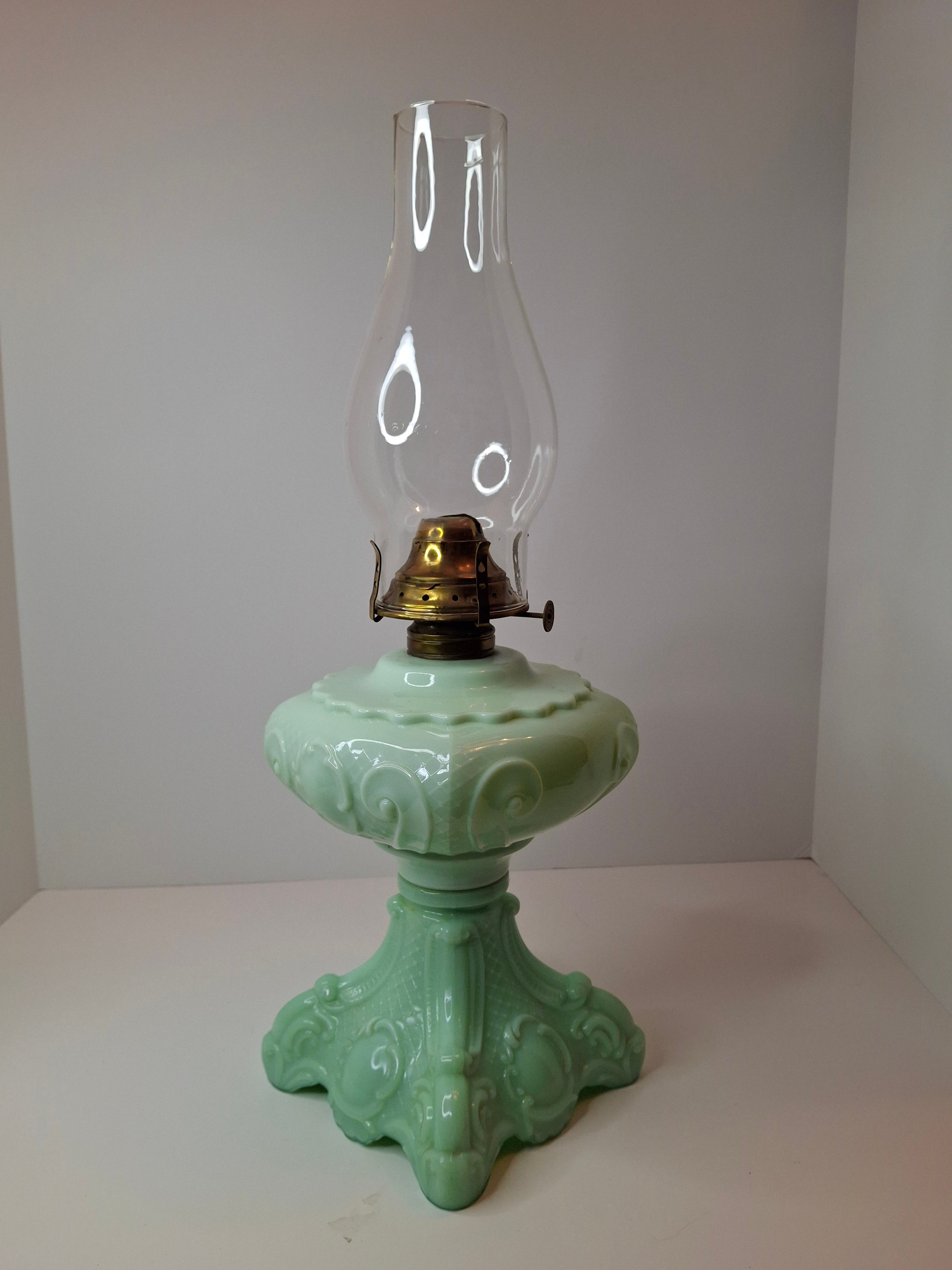 RARE Antique Princess Feather Opaque Green Uranium Glass Lamp - 10" Chrysoprase