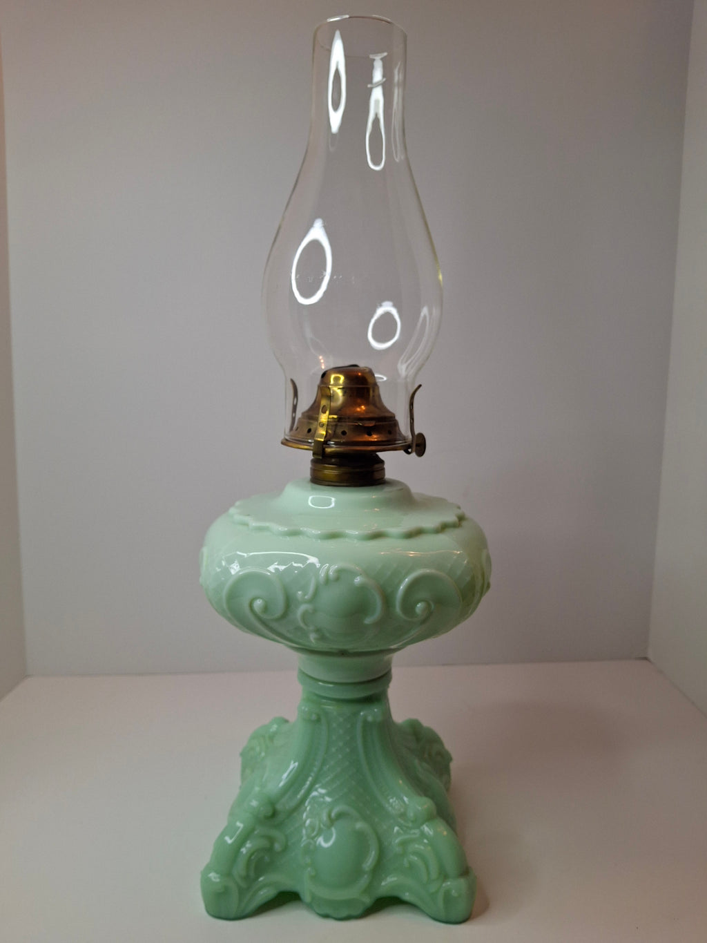 RARE Antique Princess Feather Opaque Green Uranium Glass Lamp - 10" Chrysoprase