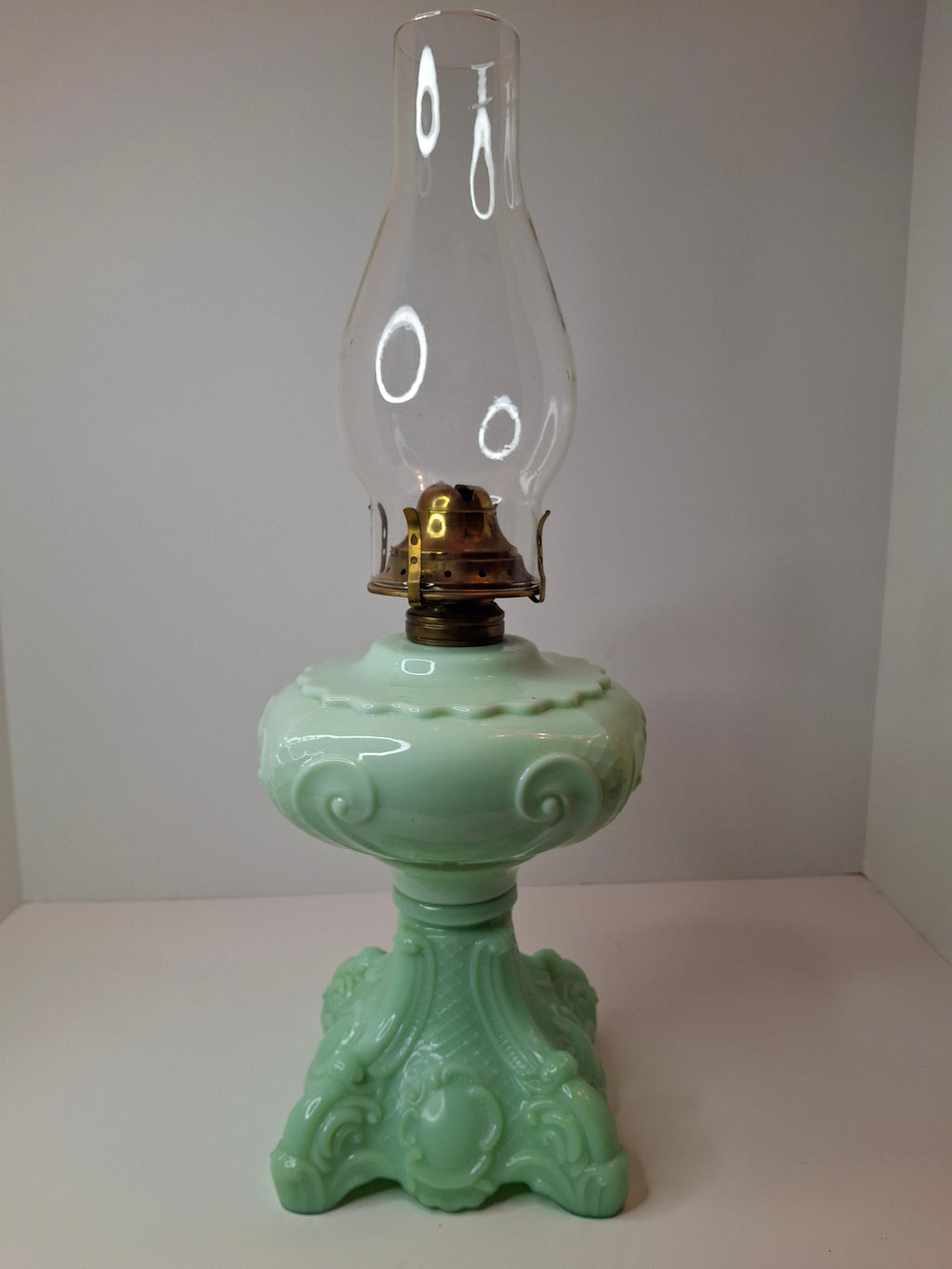 RARE Antique Princess Feather Opaque Green Uranium Glass Lamp - 10" Chrysoprase