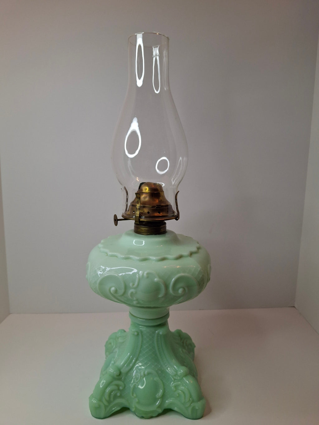 RARE Antique Princess Feather Opaque Green Uranium Glass Lamp - 10" Chrysoprase