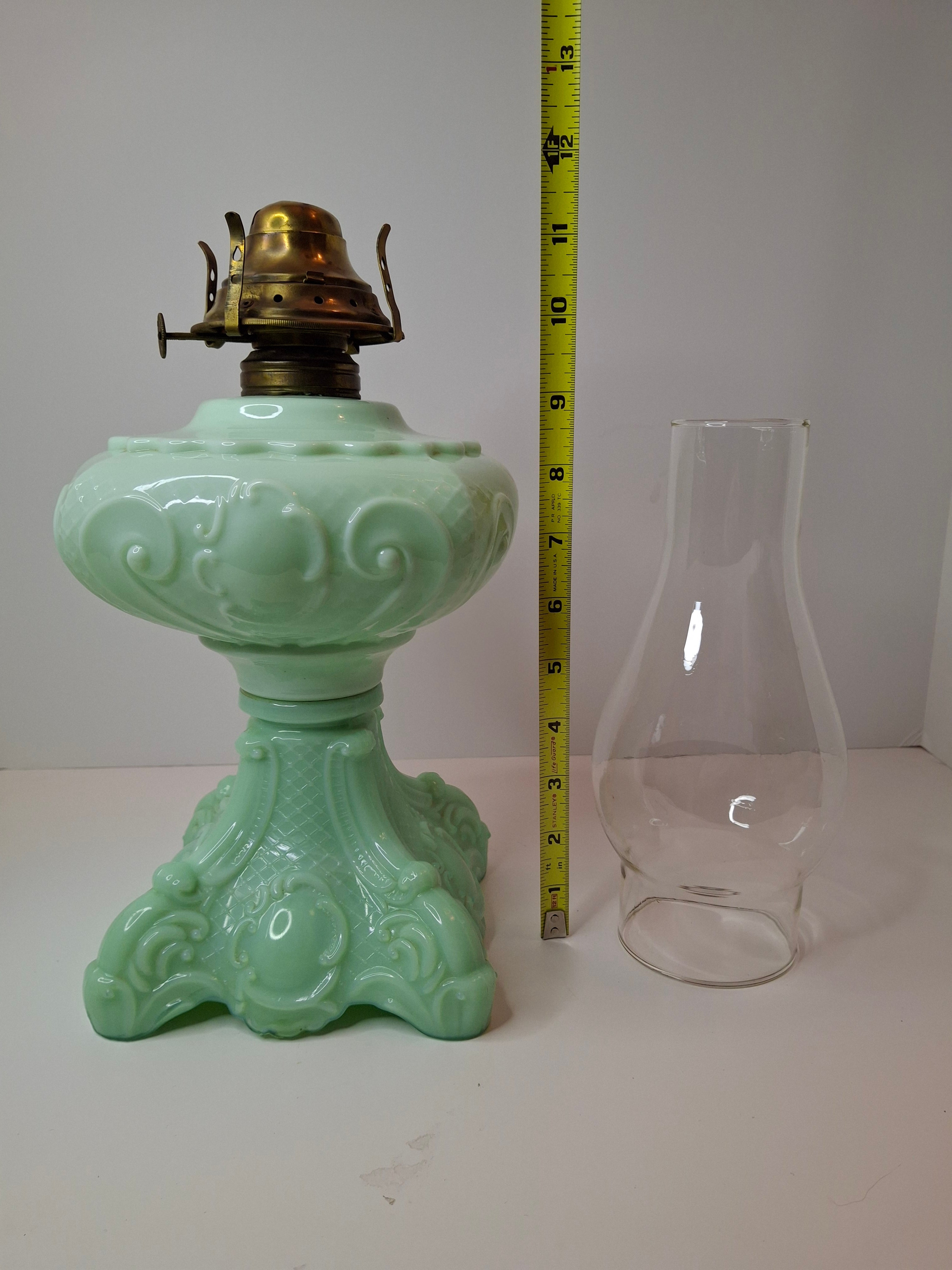 RARE Antique Princess Feather Opaque Green Uranium Glass Lamp - 10" Chrysoprase