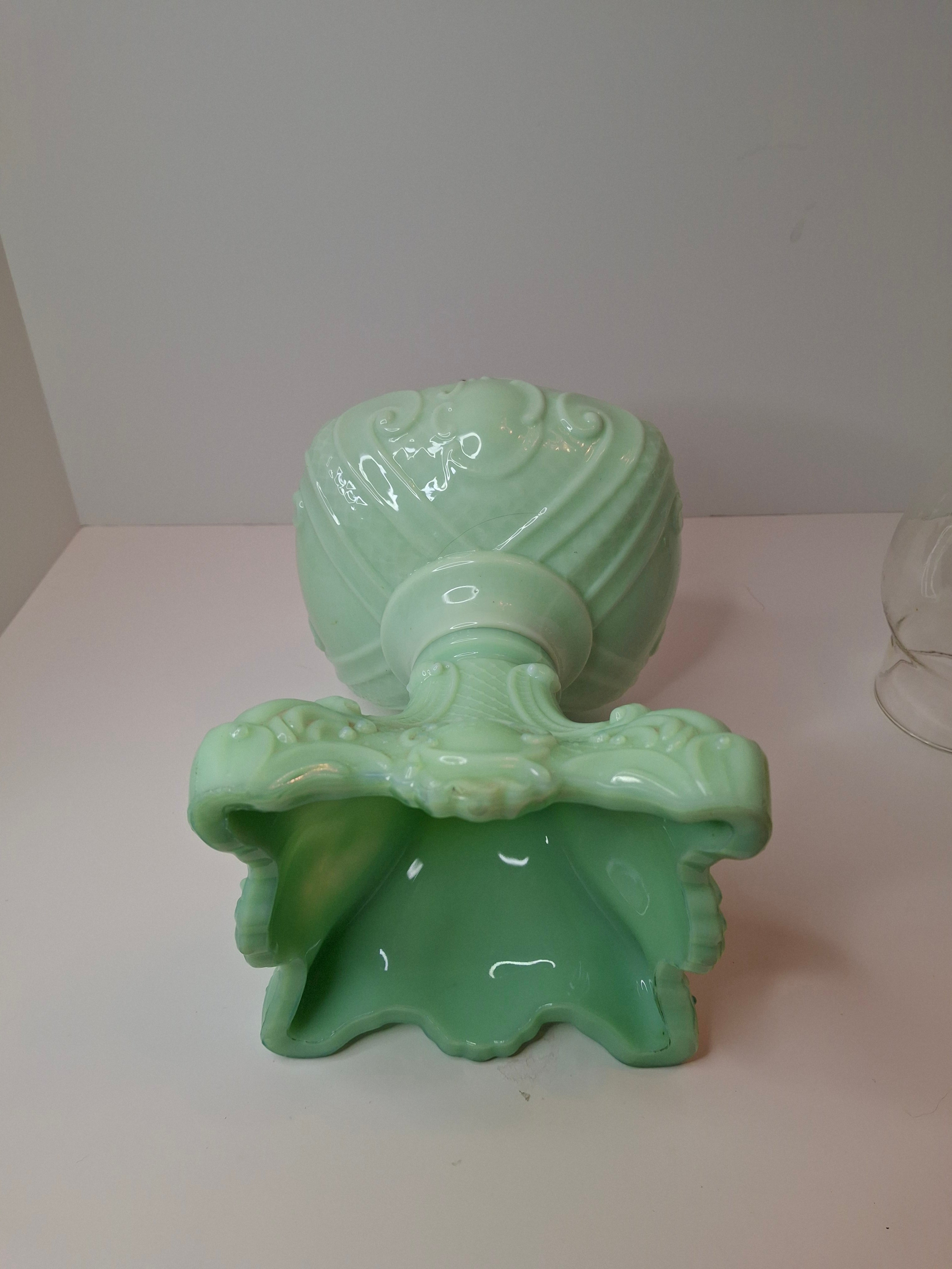 RARE Antique Princess Feather Opaque Green Uranium Glass Lamp - 10" Chrysoprase