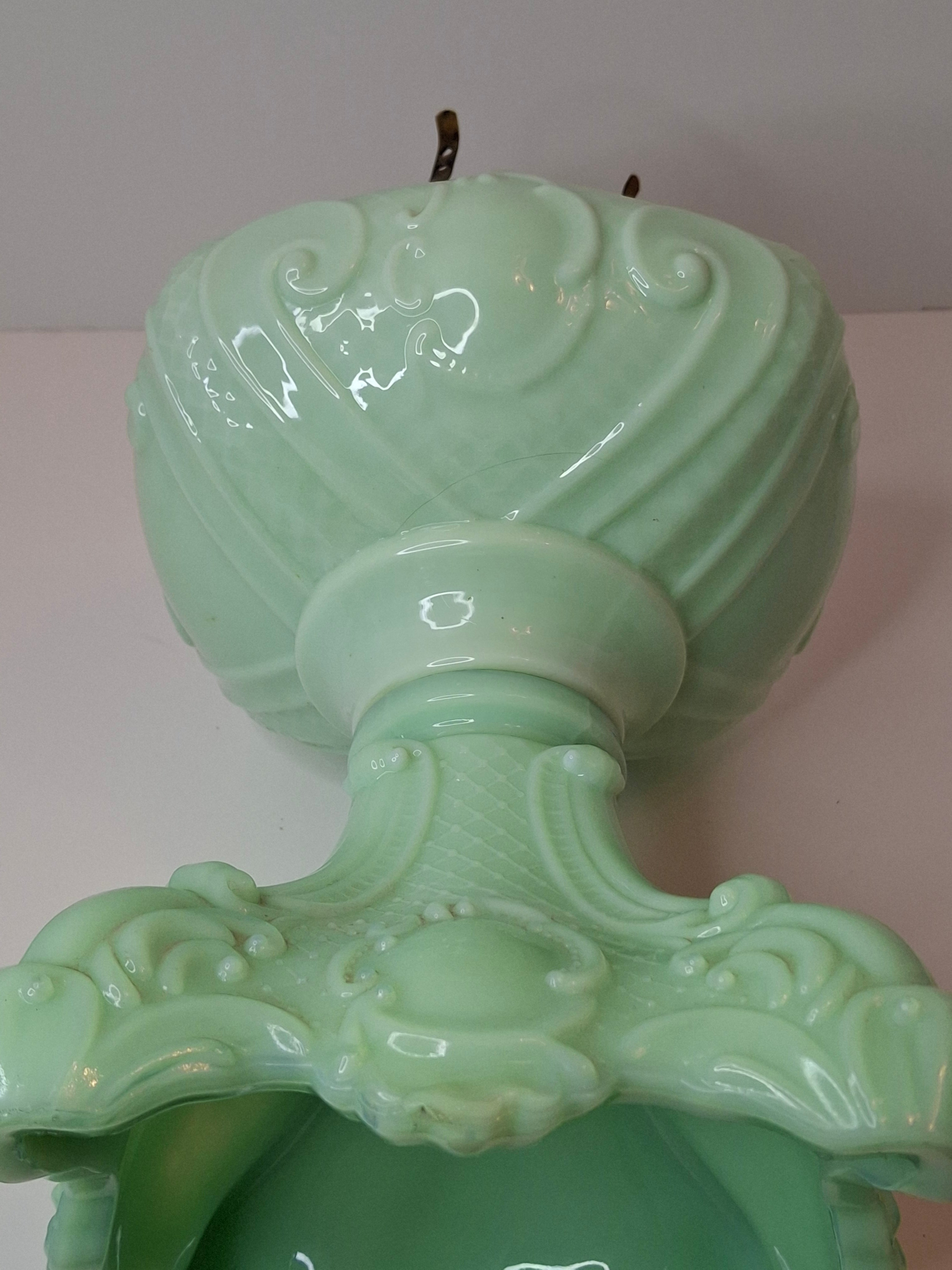 RARE Antique Princess Feather Opaque Green Uranium Glass Lamp - 10" Chrysoprase
