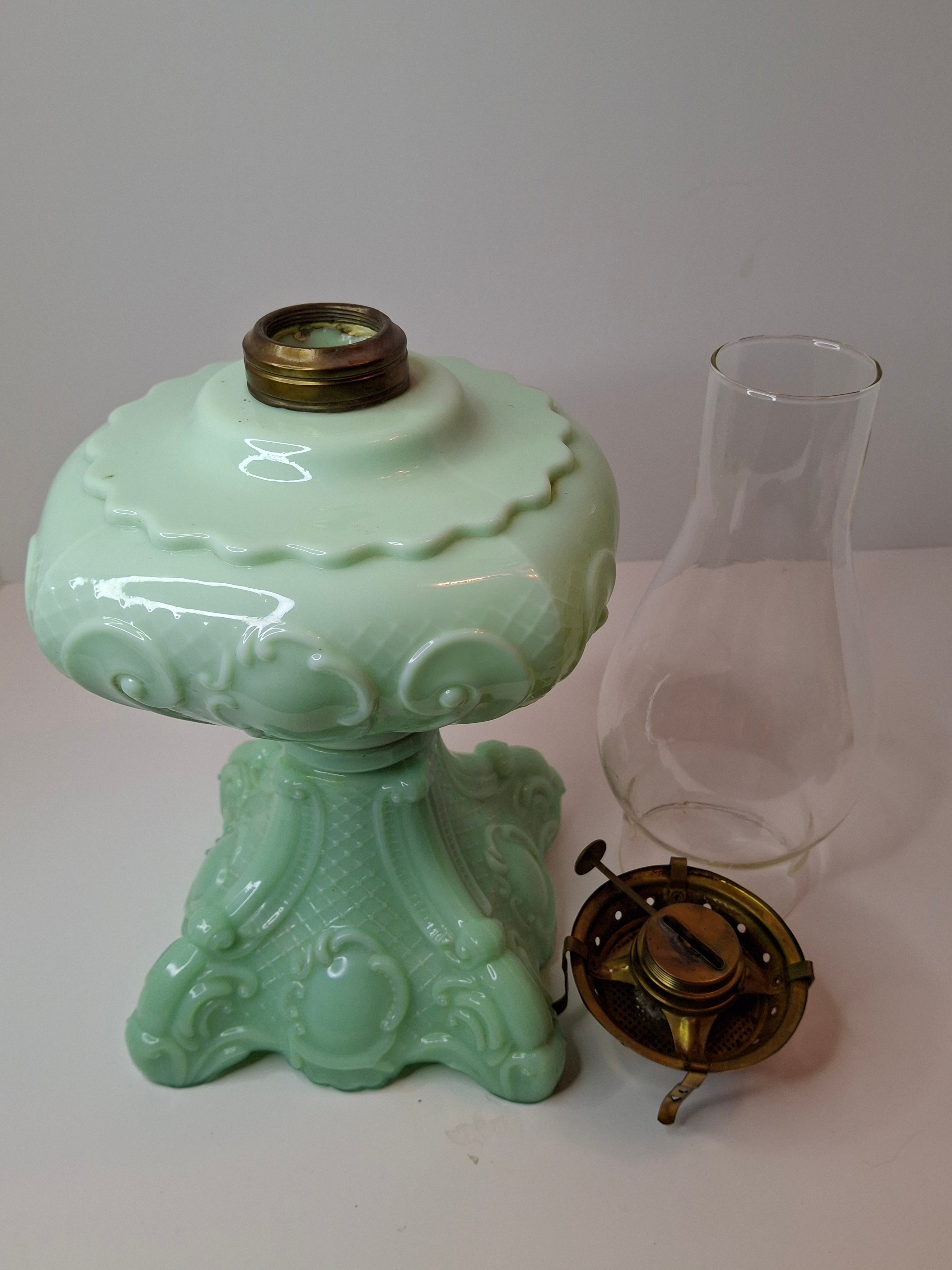 RARE Antique Princess Feather Opaque Green Uranium Glass Lamp - 10" Chrysoprase