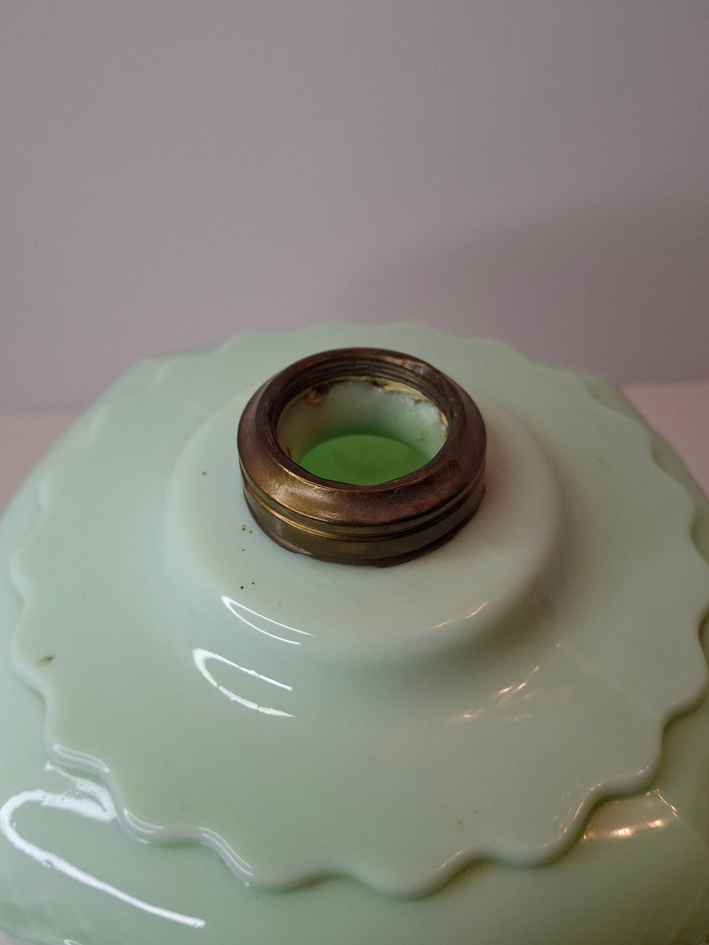 RARE Antique Princess Feather Opaque Green Uranium Glass Lamp - 10" Chrysoprase