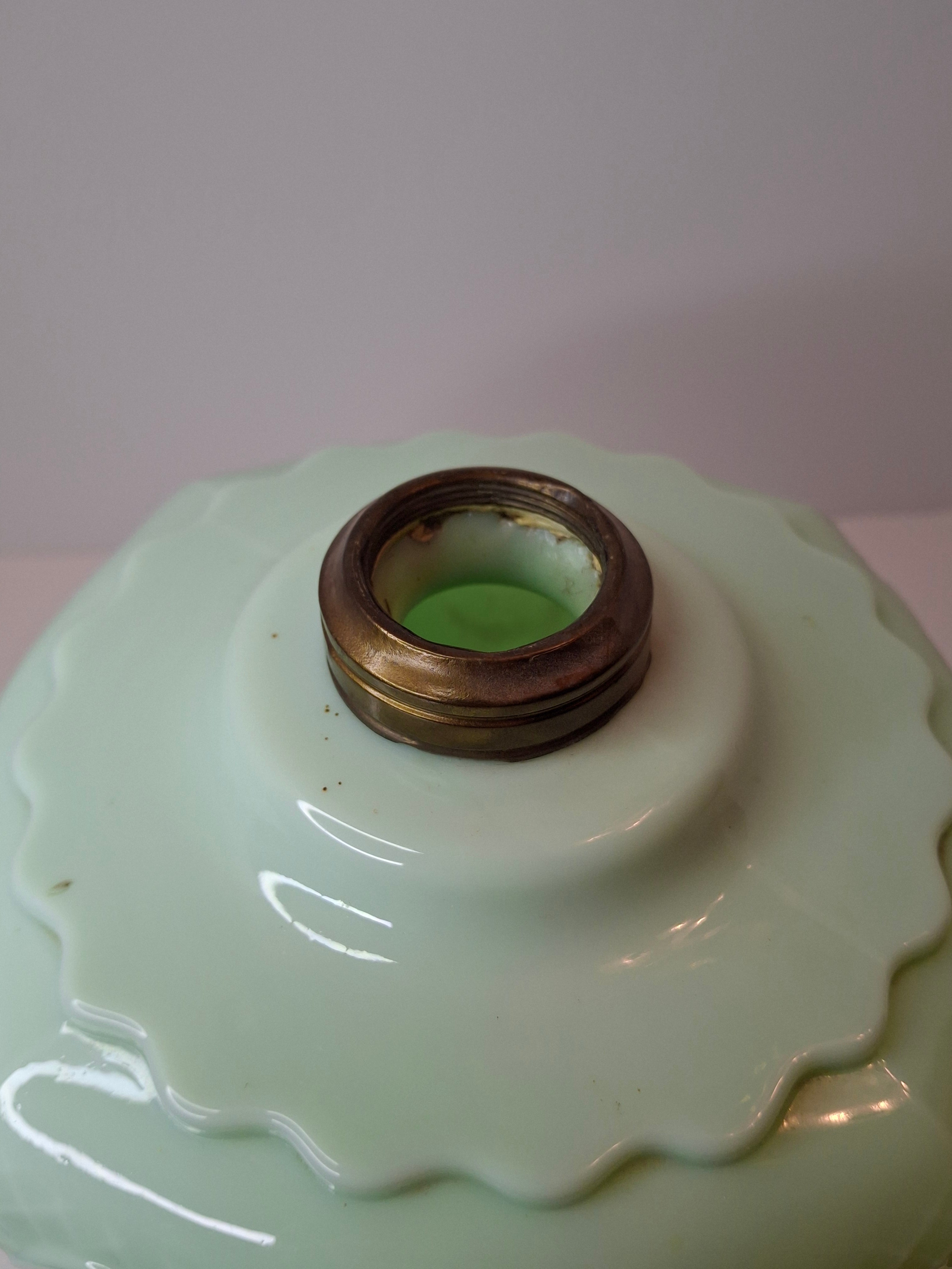 RARE Antique Princess Feather Opaque Green Uranium Glass Lamp - 10" Chrysoprase