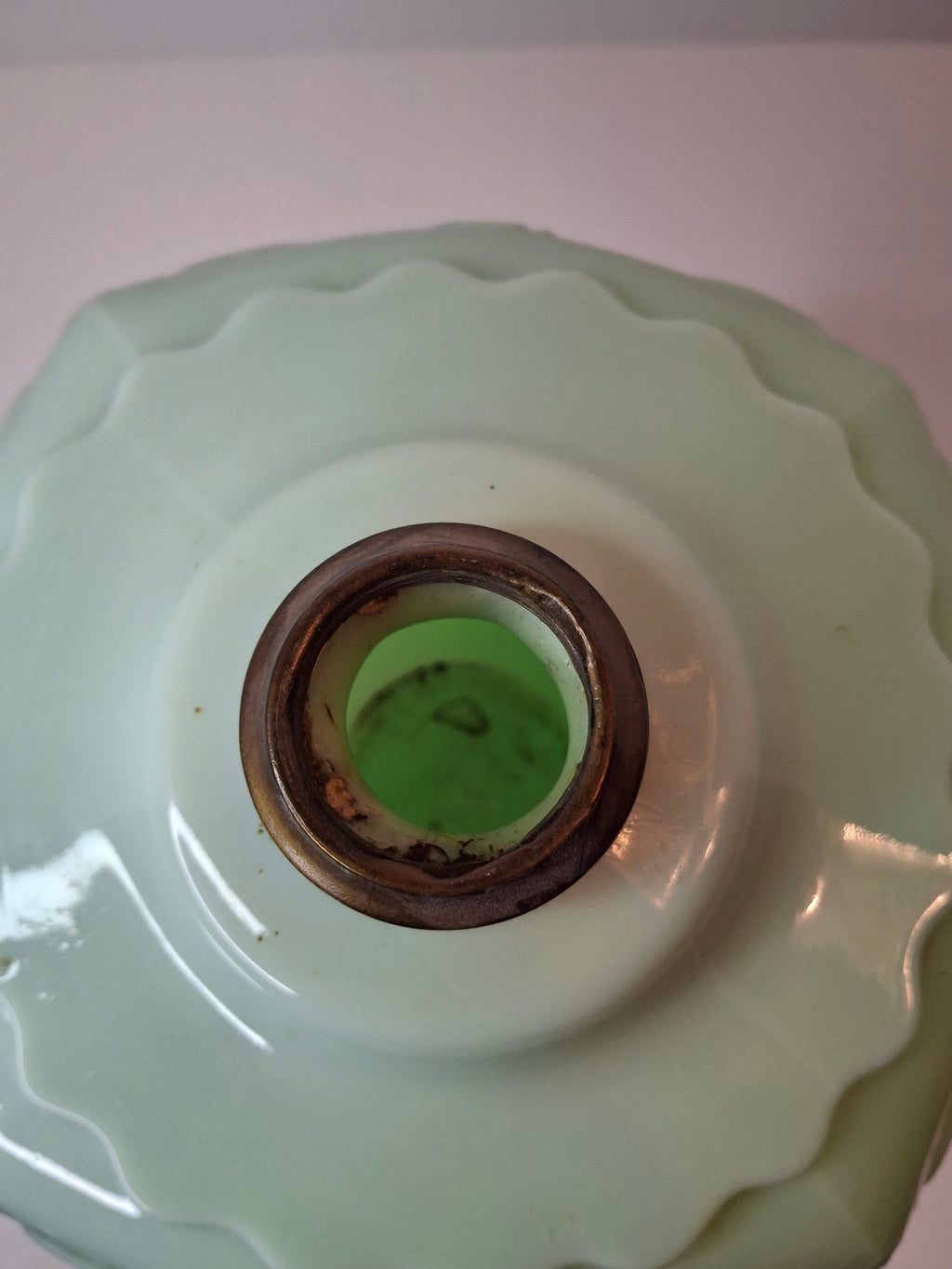 RARE Antique Princess Feather Opaque Green Uranium Glass Lamp - 10" Chrysoprase