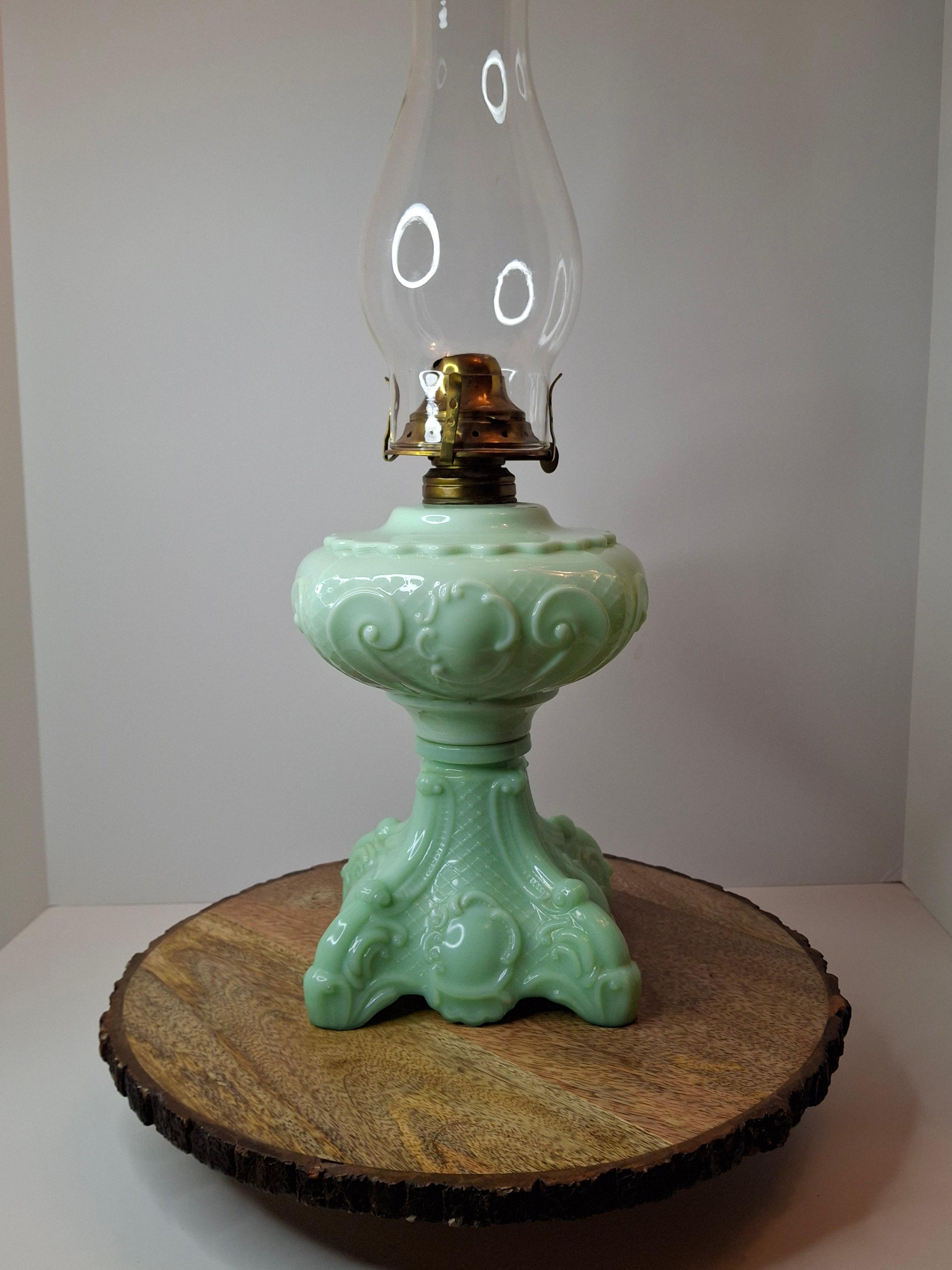 RARE Antique Princess Feather Opaque Green Uranium Glass Lamp - 10" Chrysoprase