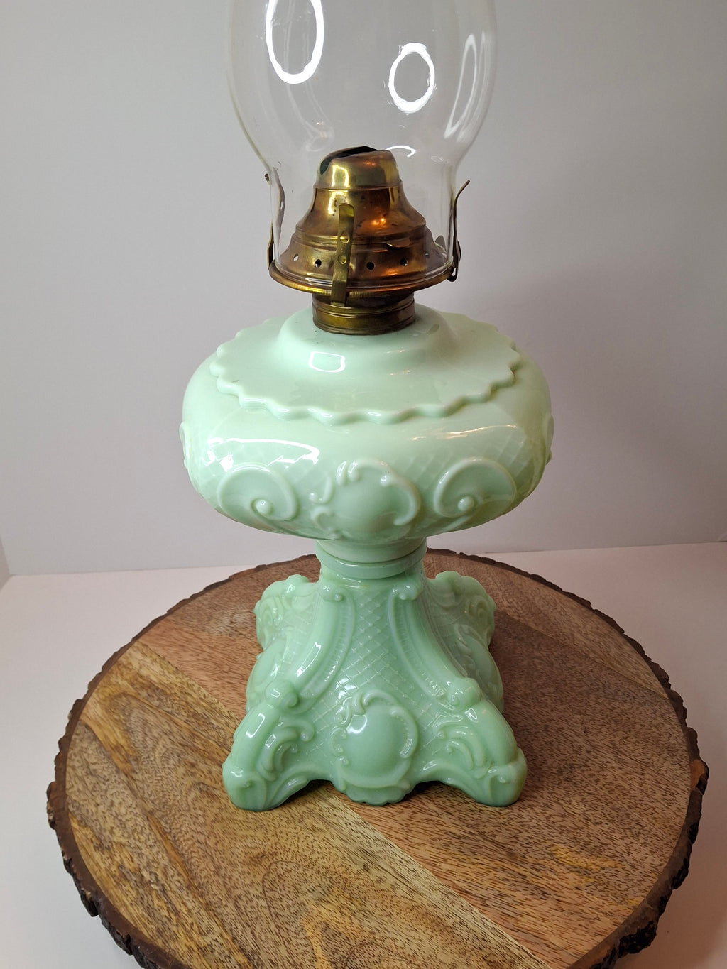 RARE Antique Princess Feather Opaque Green Uranium Glass Lamp - 10" Chrysoprase