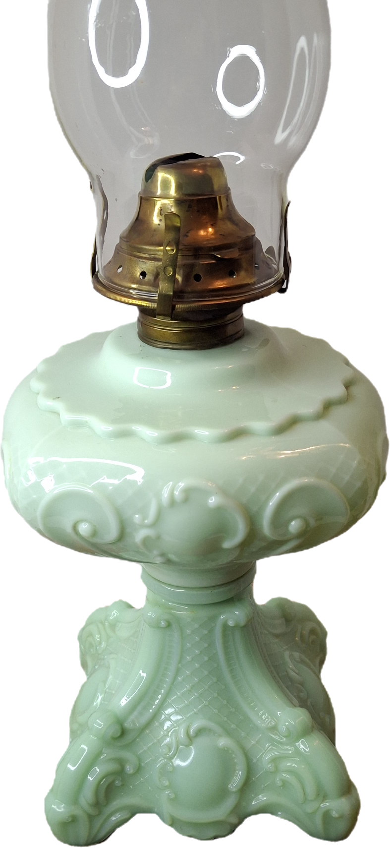 RARE Antique Princess Feather Opaque Green Uranium Glass Lamp - 10" Chrysoprase