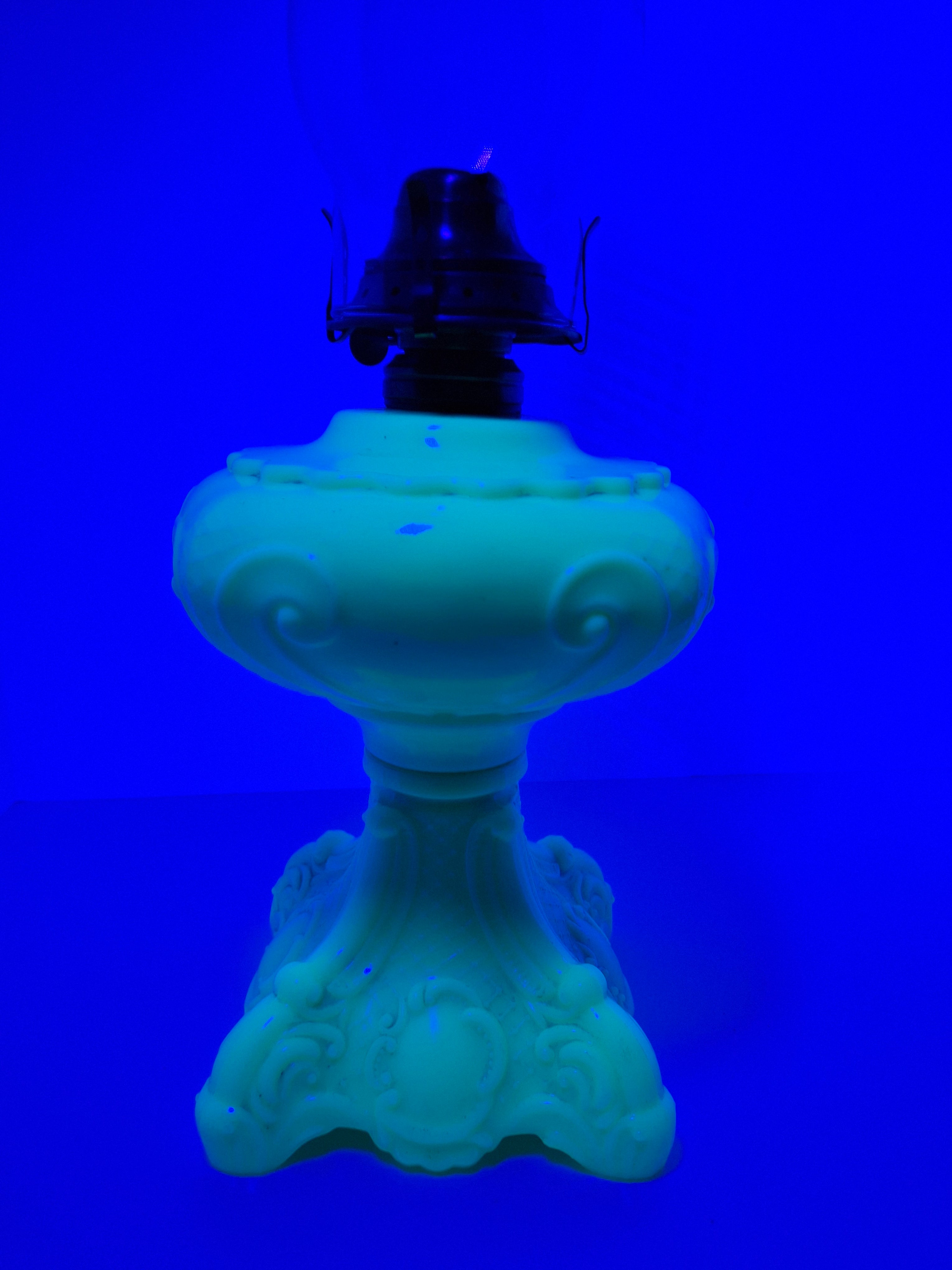 RARE Antique Princess Feather Opaque Green Uranium Glass Lamp - 10" Chrysoprase