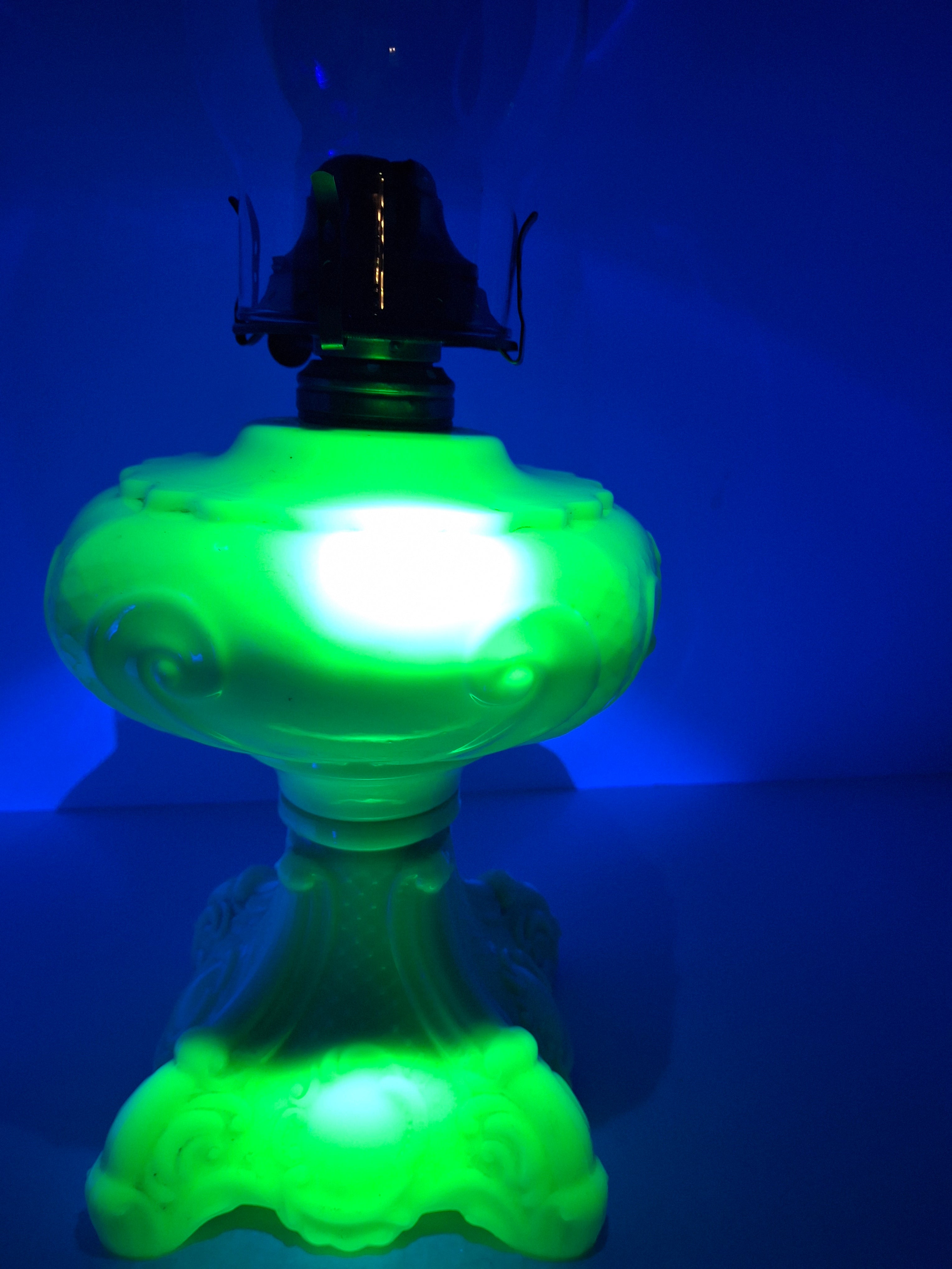 RARE Antique Princess Feather Opaque Green Uranium Glass Lamp - 10" Chrysoprase