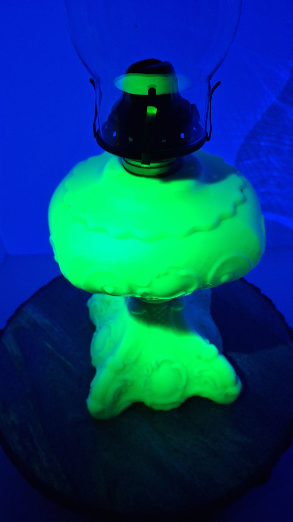 RARE Antique Princess Feather Opaque Green Uranium Glass Lamp - 10" Chrysoprase
