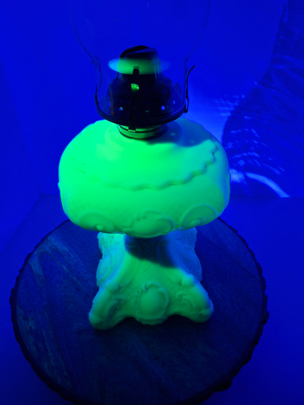 RARE Antique Princess Feather Opaque Green Uranium Glass Lamp - 10" Chrysoprase