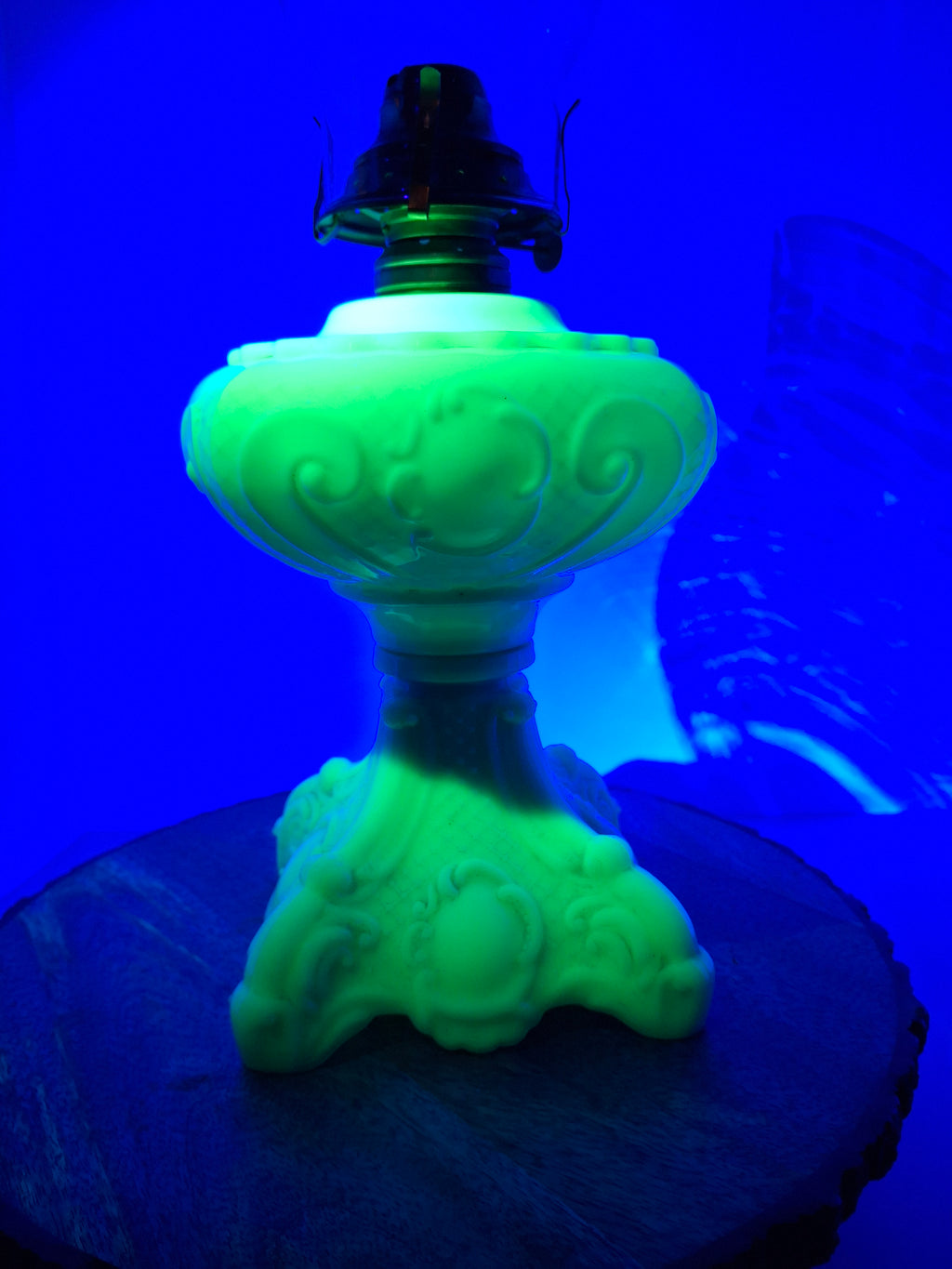 RARE Antique Princess Feather Opaque Green Uranium Glass Lamp - 10" Chrysoprase