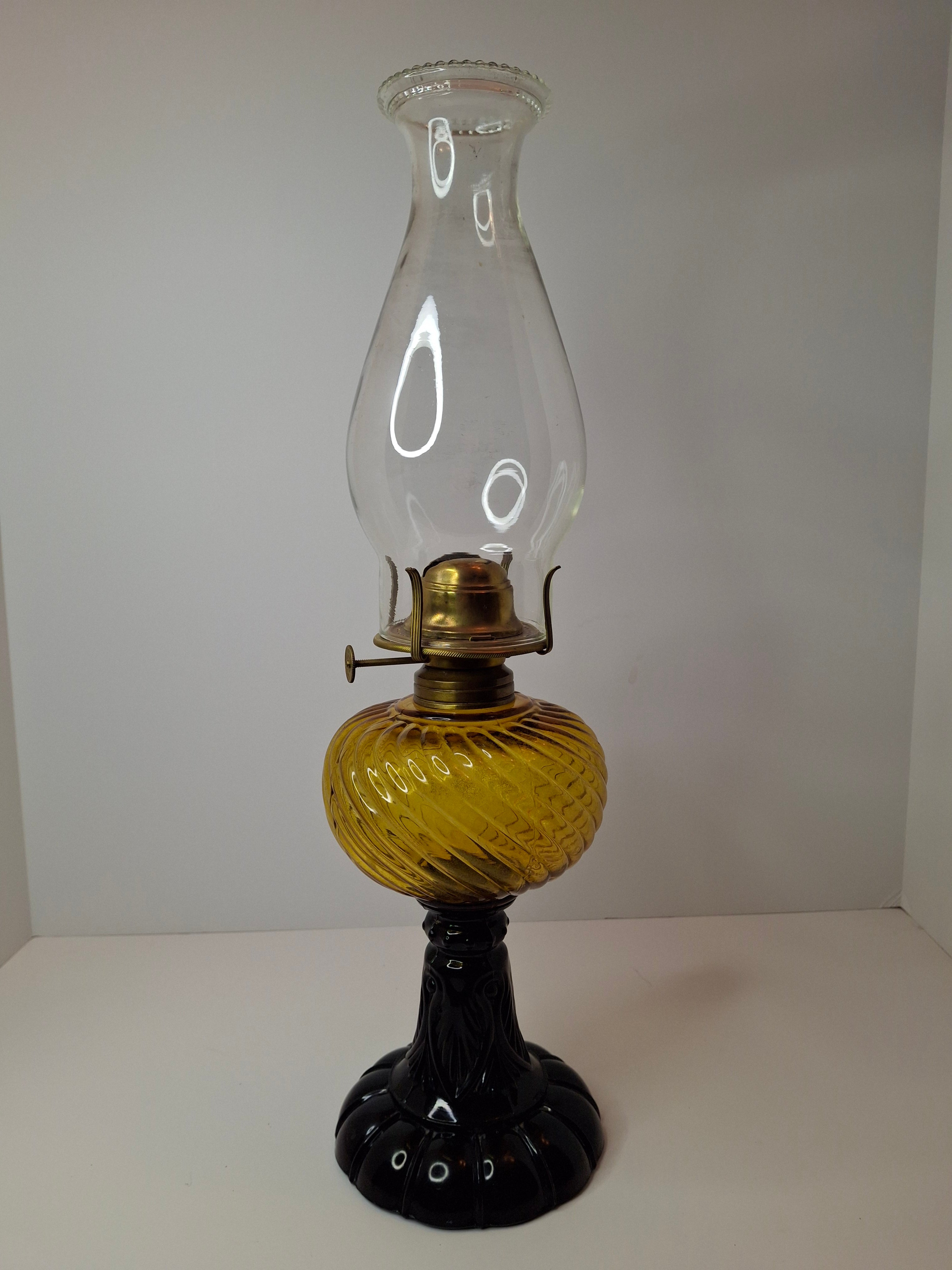 RARE Antique Amber Swirl Oil Lamp Black Amethyst Base Victorian Manhattan Brass