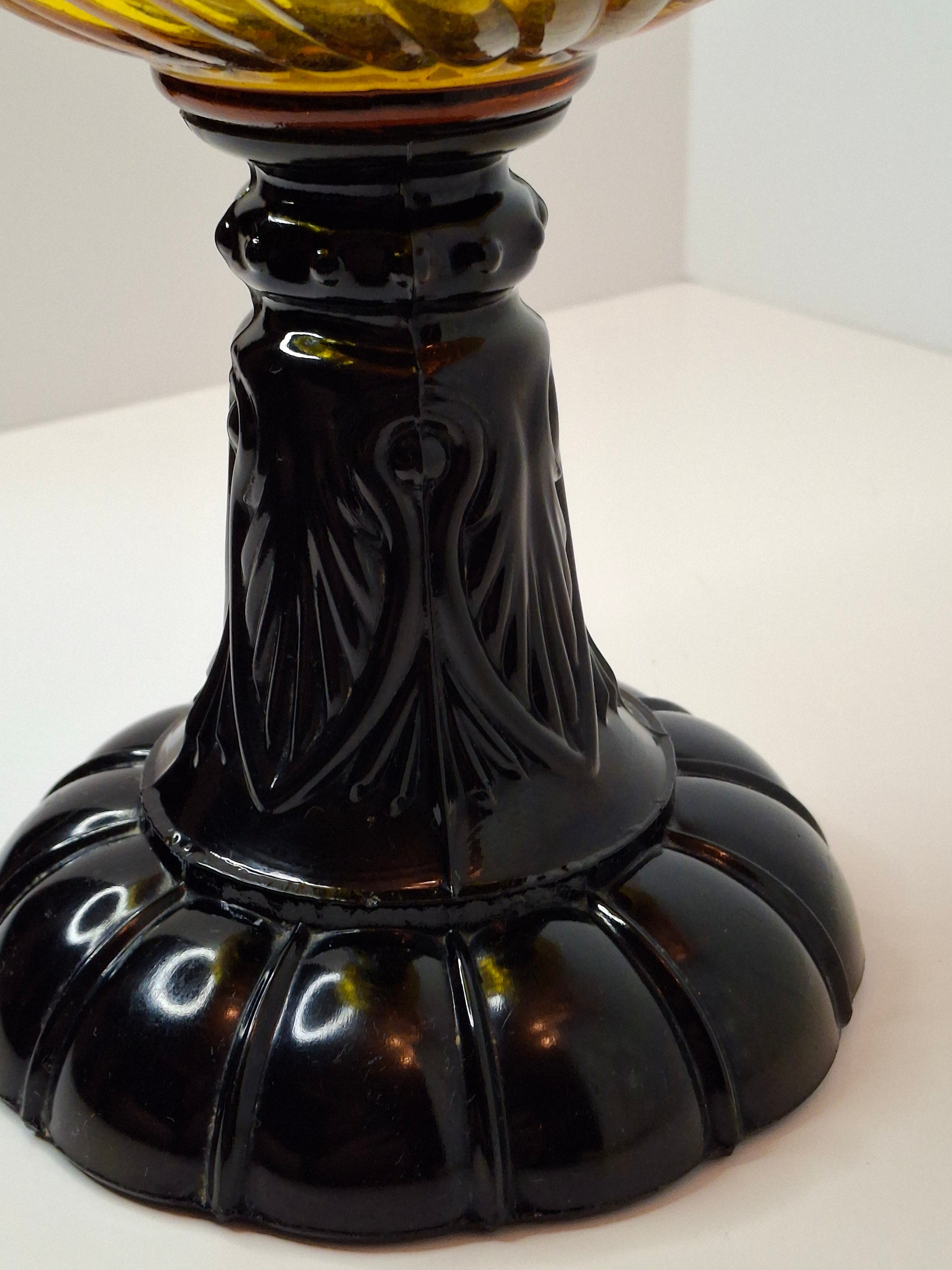 RARE Antique Amber Swirl Oil Lamp Black Amethyst Base Victorian Manhattan Brass