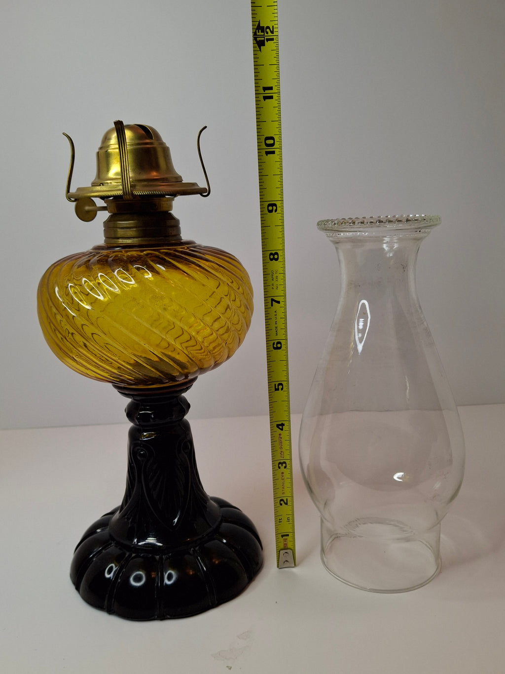 RARE Antique Amber Swirl Oil Lamp Black Amethyst Base Victorian Manhattan Brass