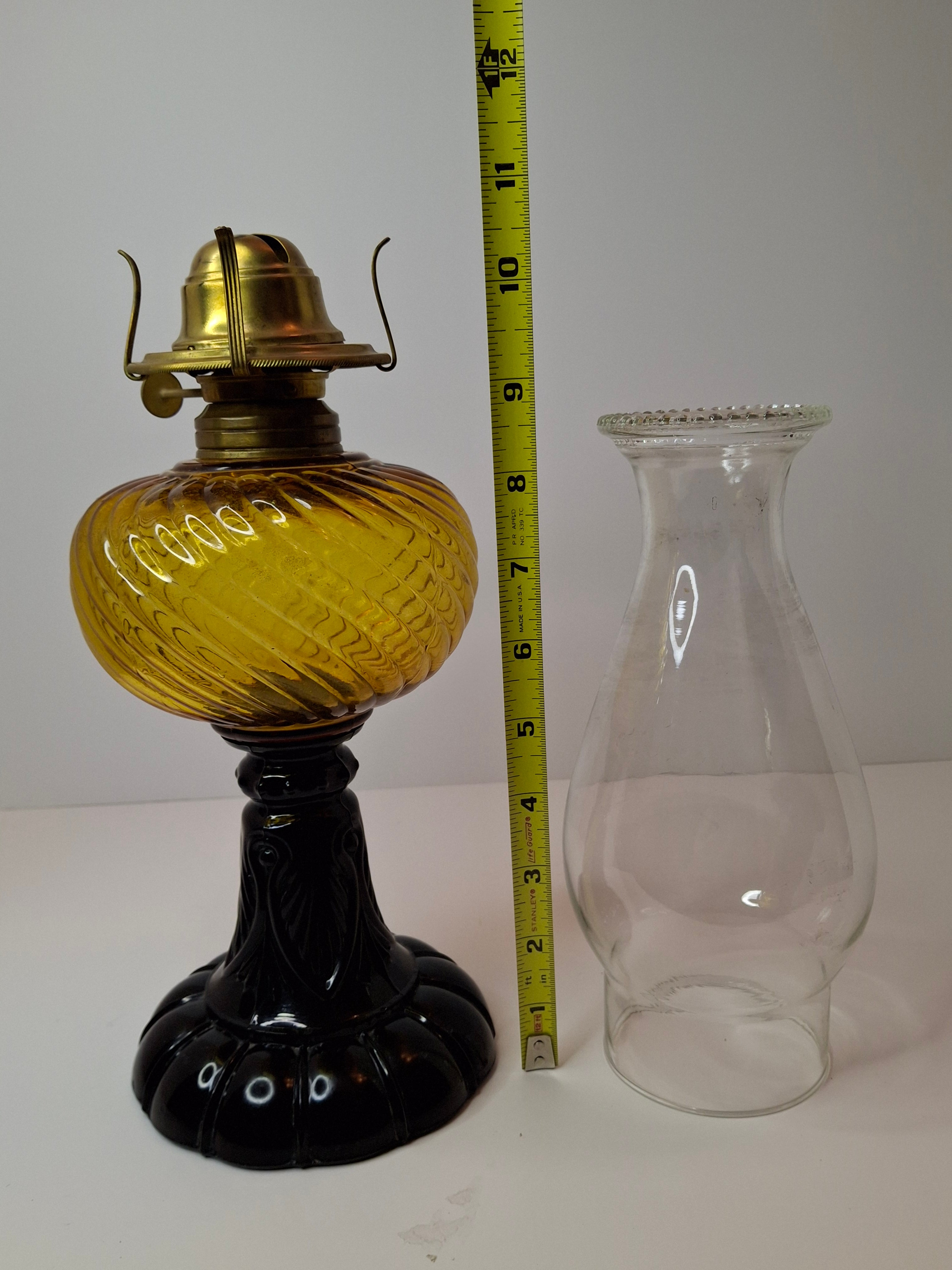 RARE Antique Amber Swirl Oil Lamp Black Amethyst Base Victorian Manhattan Brass
