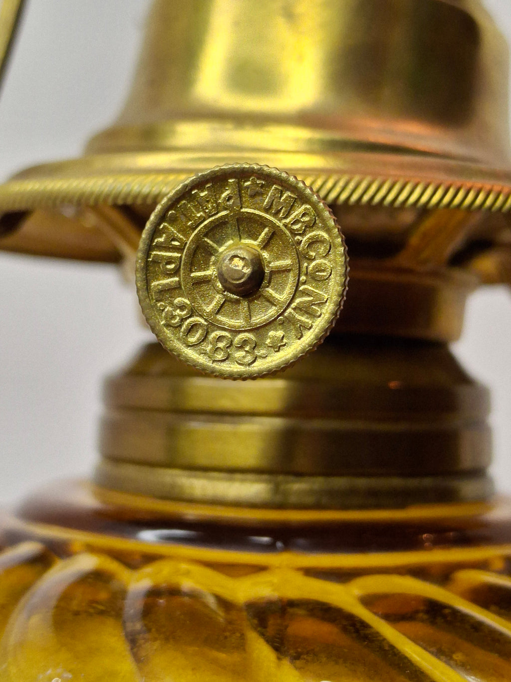 RARE Antique Amber Swirl Oil Lamp Black Amethyst Base Victorian Manhattan Brass