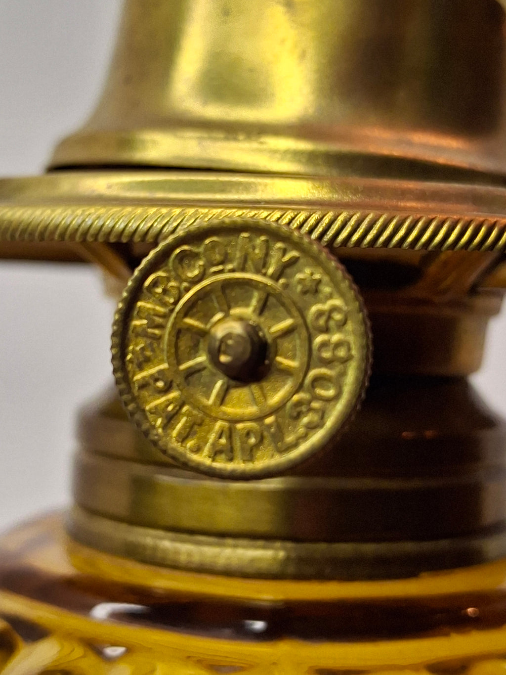 RARE Antique Amber Swirl Oil Lamp Black Amethyst Base Victorian Manhattan Brass