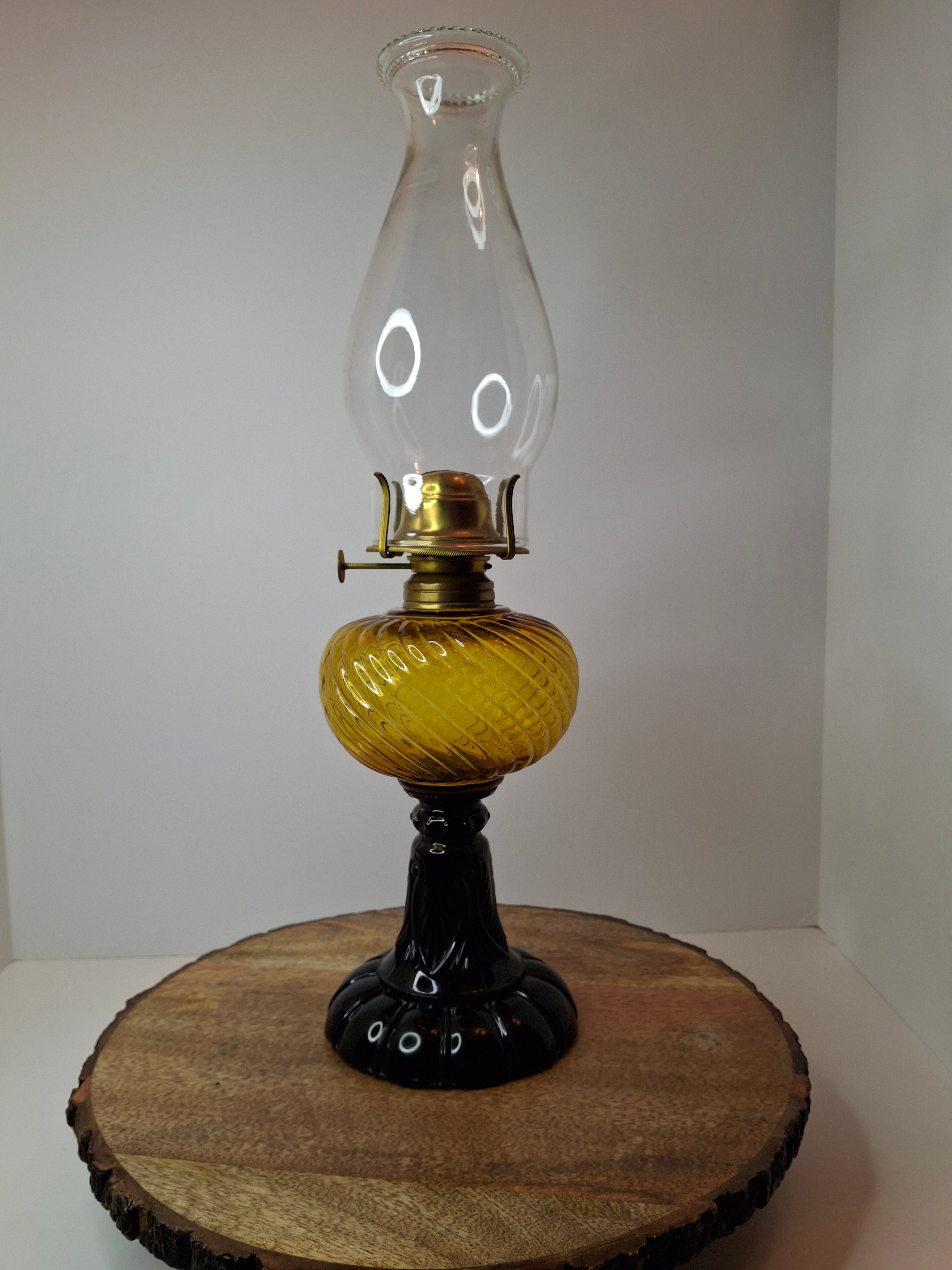 RARE Antique Amber Swirl Oil Lamp Black Amethyst Base Victorian Manhattan Brass