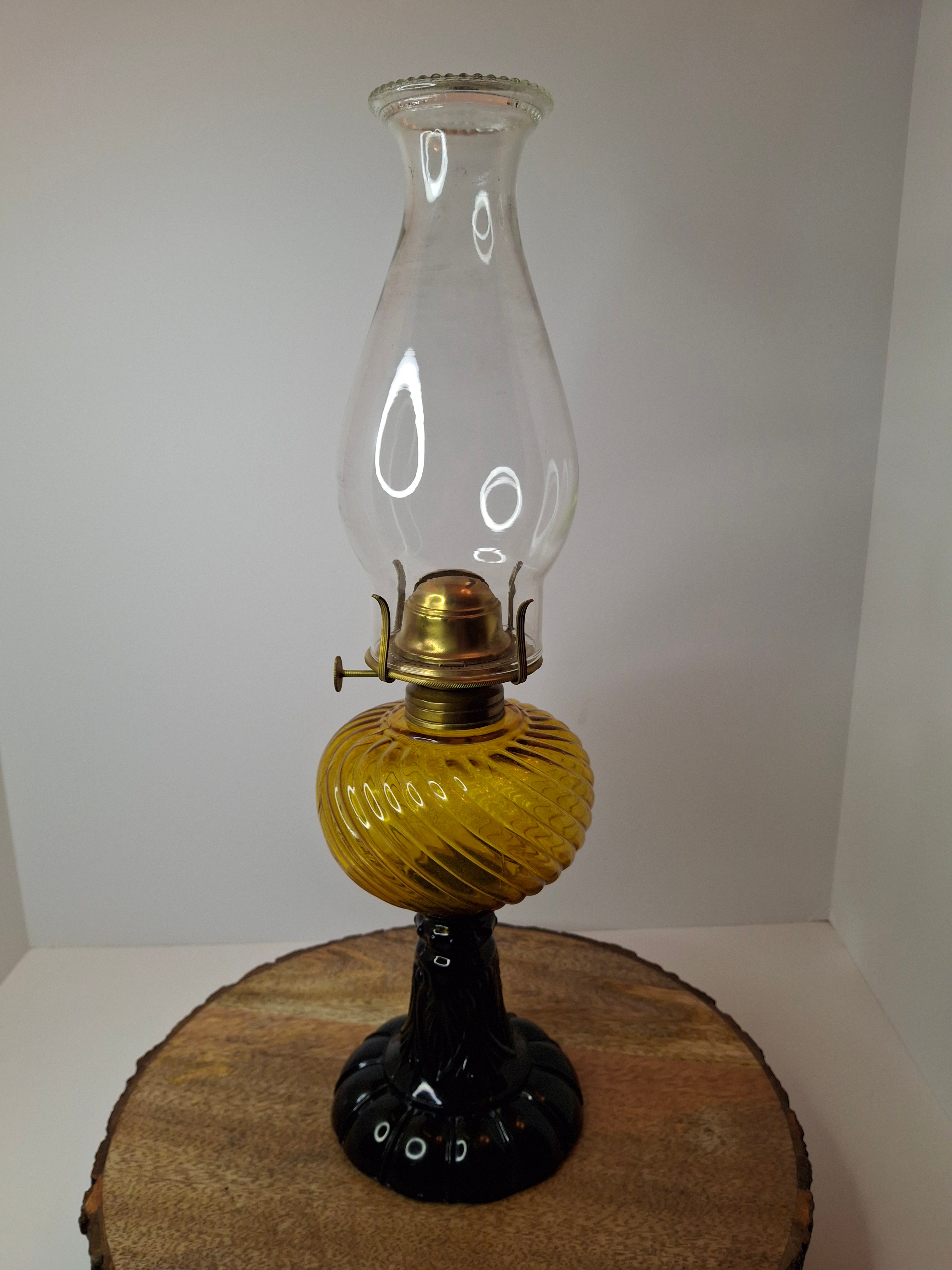 RARE Antique Amber Swirl Oil Lamp Black Amethyst Base Victorian Manhattan Brass