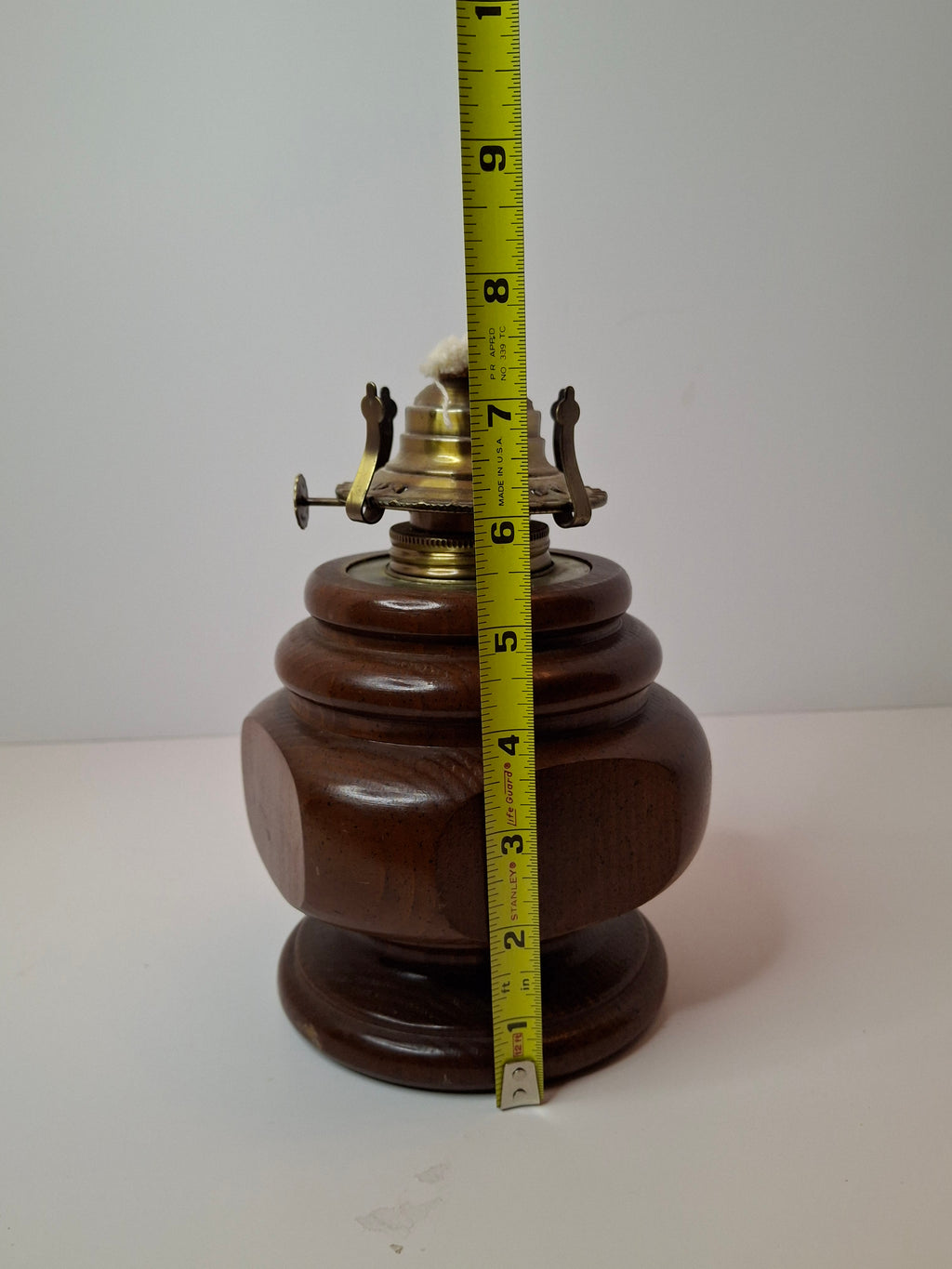Vintage Lamplight Farms Wood Oil Lamp – Turned Hardwood Base – Brass Eagle Burner – Early American Style