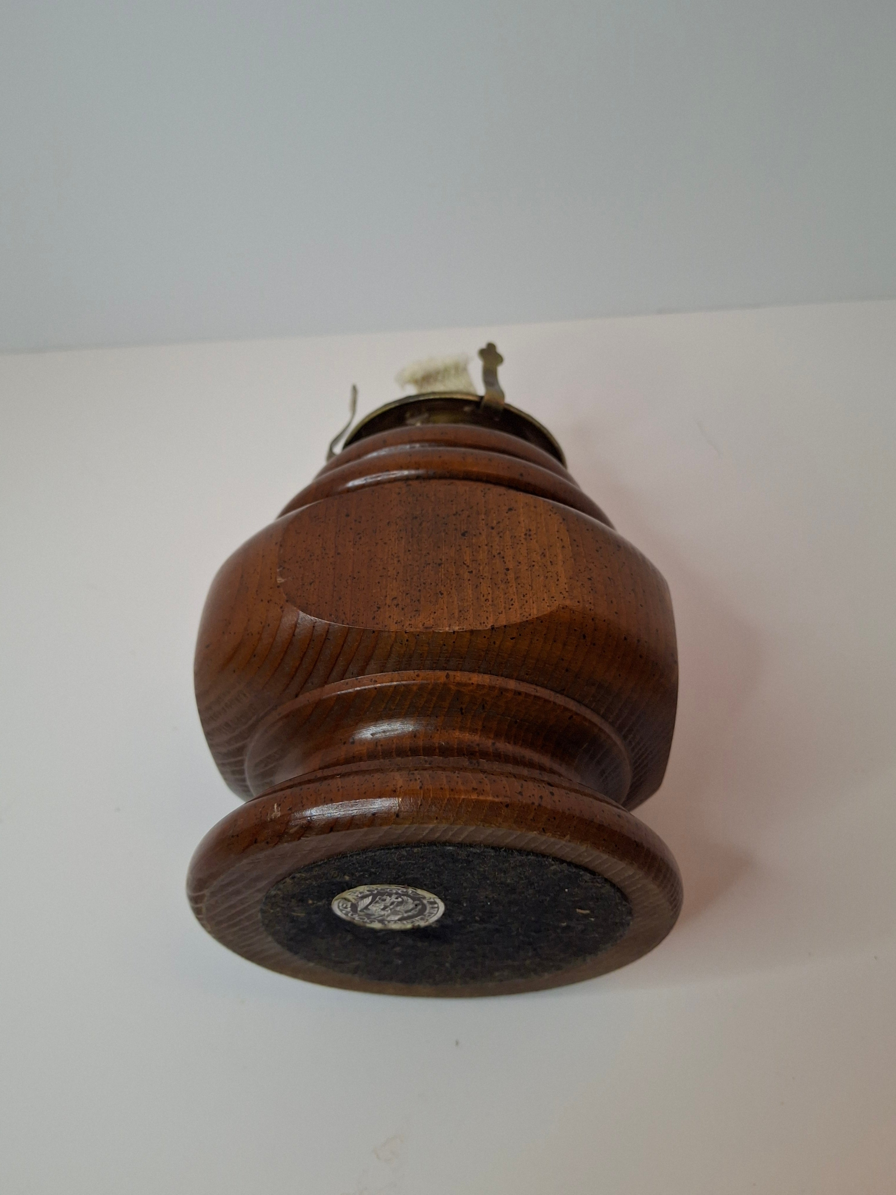 Vintage Lamplight Farms Wood Oil Lamp – Turned Hardwood Base – Brass Eagle Burner – Early American Style