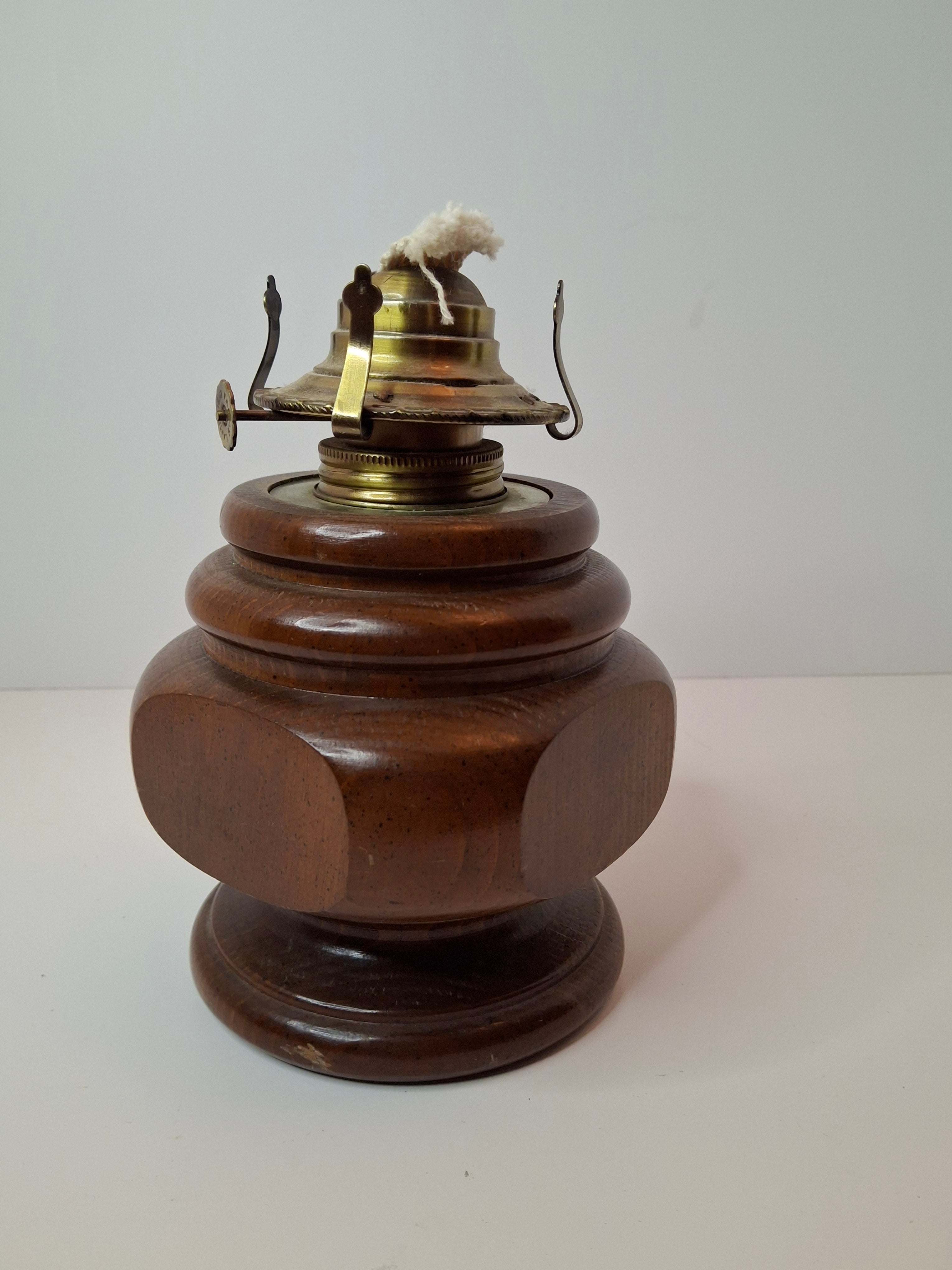 Vintage Lamplight Farms Wood Oil Lamp – Turned Hardwood Base – Brass Eagle Burner – Early American Style