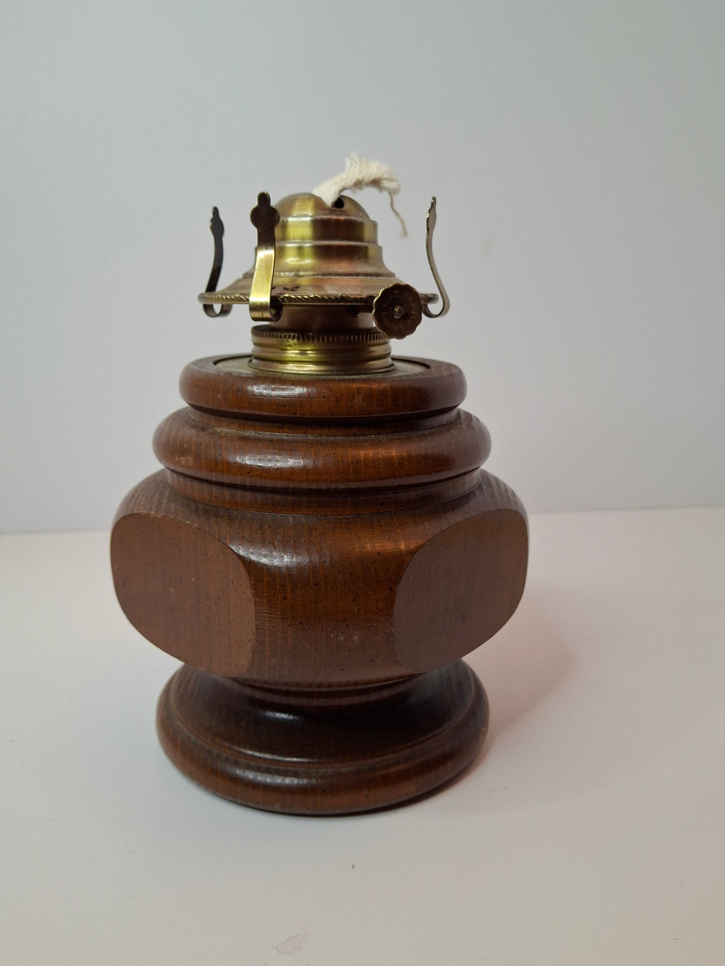 Vintage Lamplight Farms Wood Oil Lamp – Turned Hardwood Base – Brass Eagle Burner – Early American Style