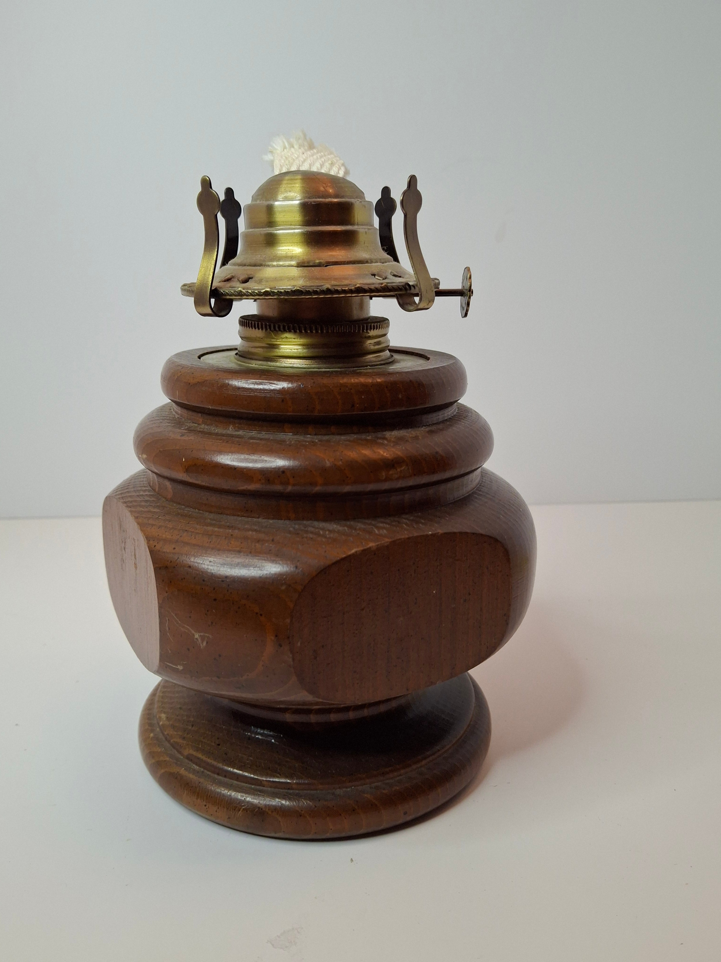 Vintage Lamplight Farms Wood Oil Lamp – Turned Hardwood Base – Brass Eagle Burner – Early American Style