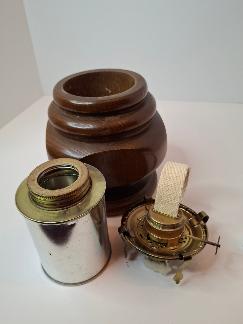 Vintage Lamplight Farms Wood Oil Lamp – Turned Hardwood Base – Brass Eagle Burner – Early American Style