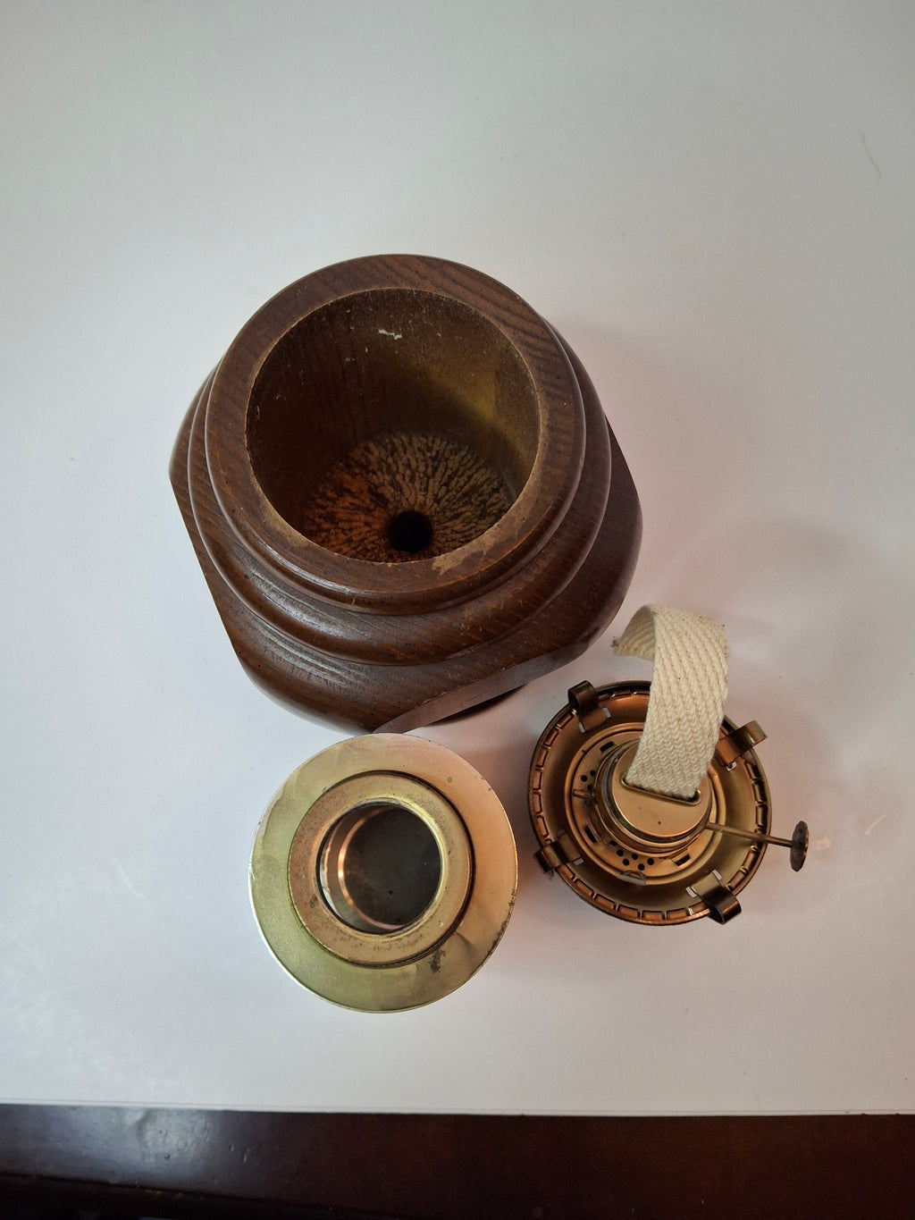 Vintage Lamplight Farms Wood Oil Lamp – Turned Hardwood Base – Brass Eagle Burner – Early American Style