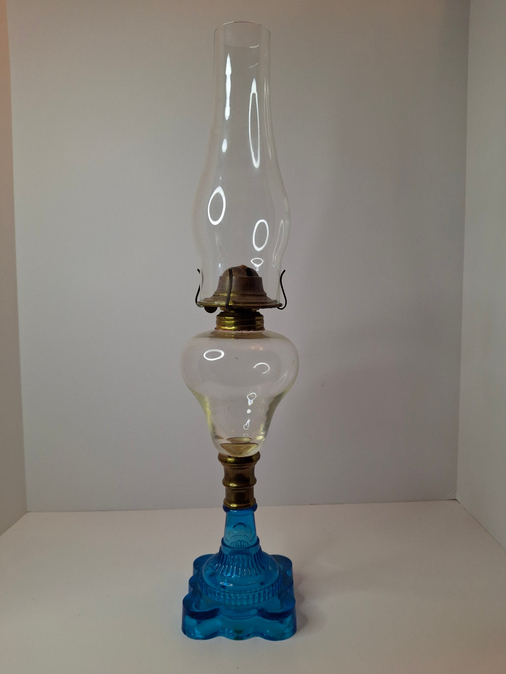 RARE Flint Glass Blue Oil Lamp Scalloped Rib Pedestal 19thC Cerulean Composite