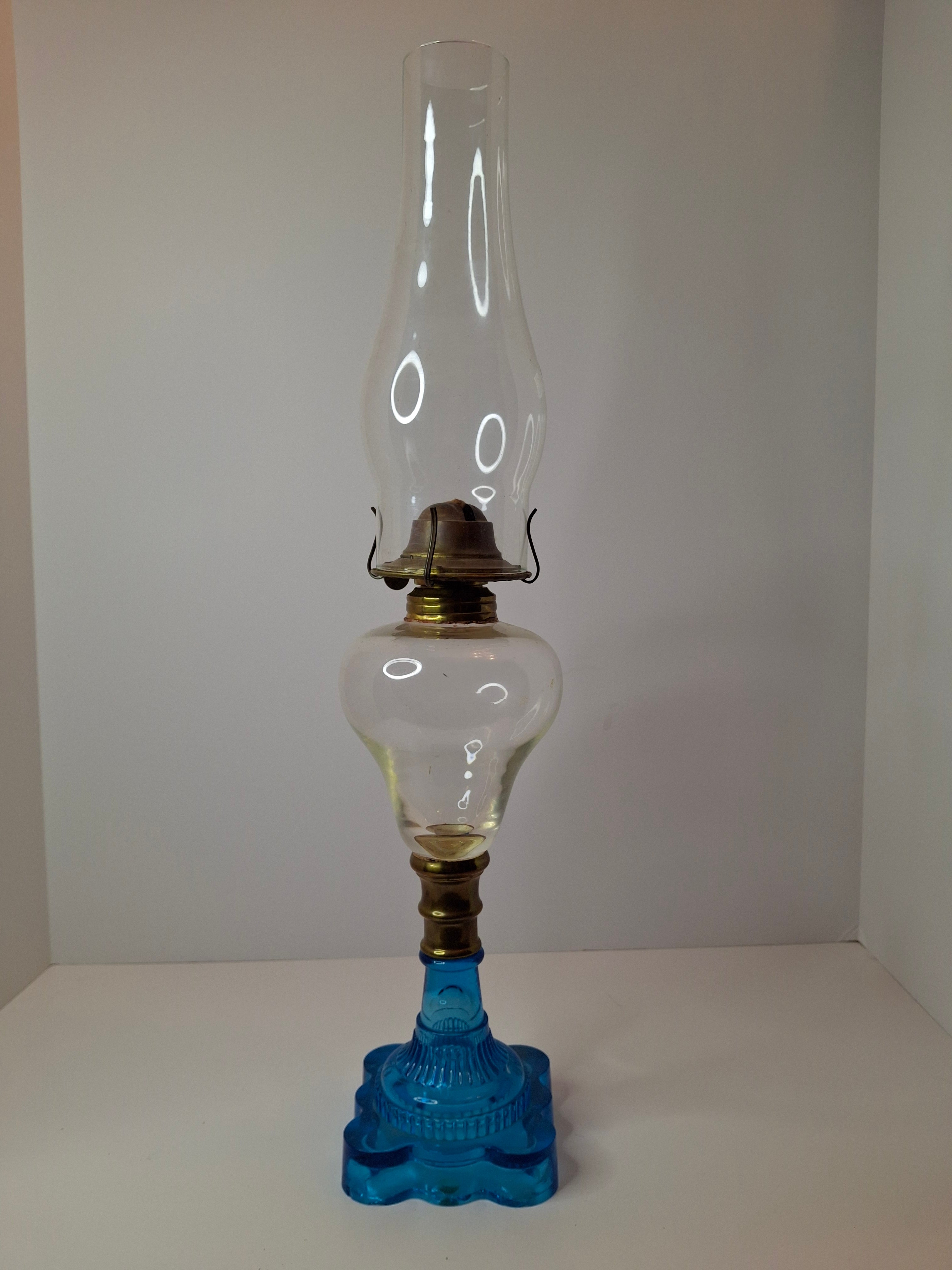 RARE Flint Glass Blue Oil Lamp Scalloped Rib Pedestal 19thC Cerulean Composite