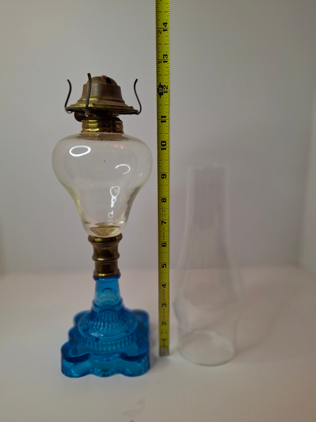 RARE Flint Glass Blue Oil Lamp Scalloped Rib Pedestal 19thC Cerulean Composite