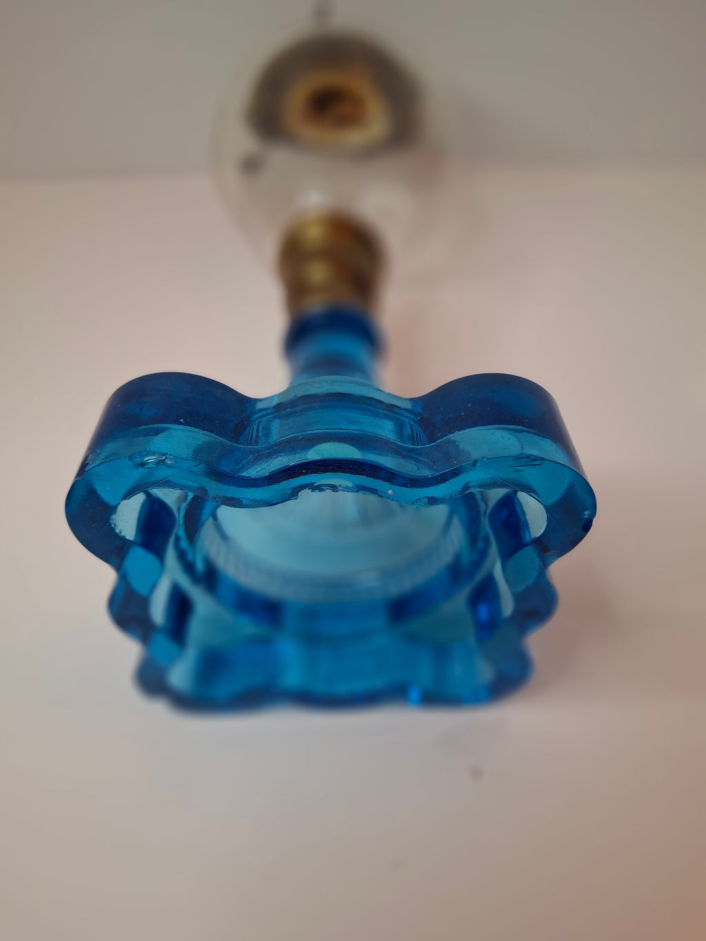 RARE Flint Glass Blue Oil Lamp Scalloped Rib Pedestal 19thC Cerulean Composite
