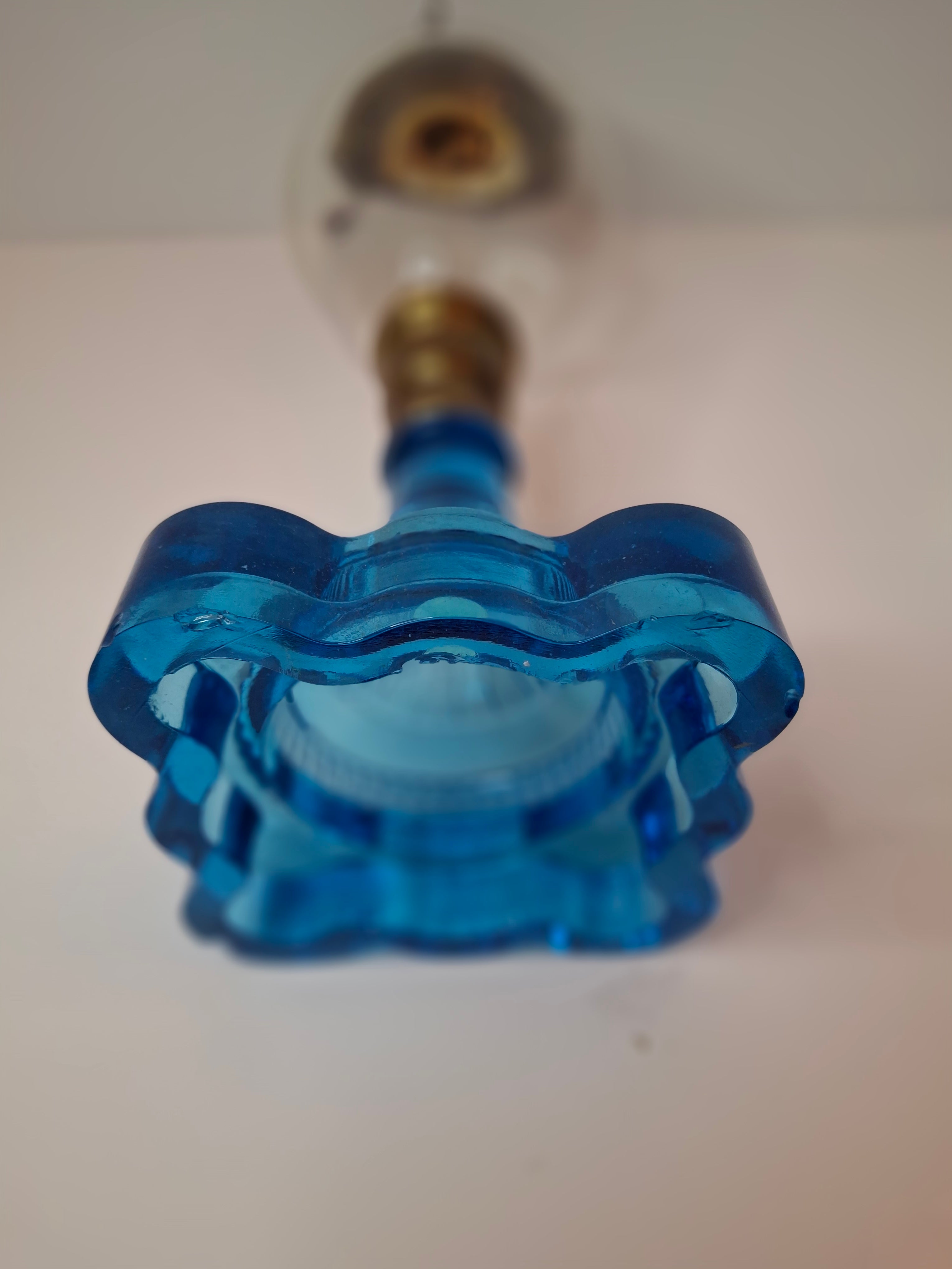 RARE Flint Glass Blue Oil Lamp Scalloped Rib Pedestal 19thC Cerulean Composite