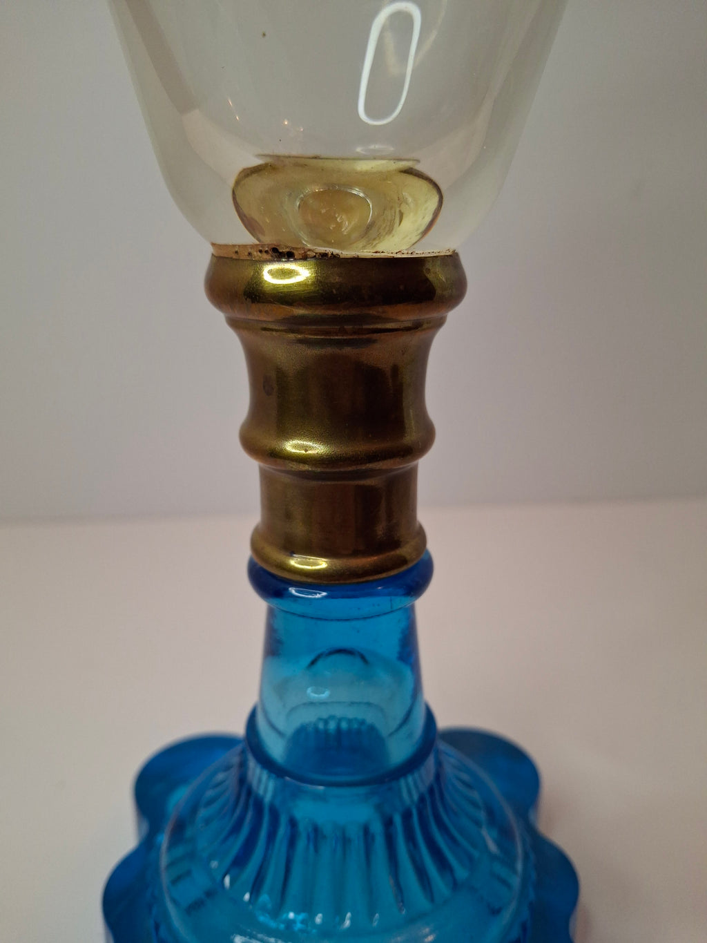 RARE Flint Glass Blue Oil Lamp Scalloped Rib Pedestal 19thC Cerulean Composite