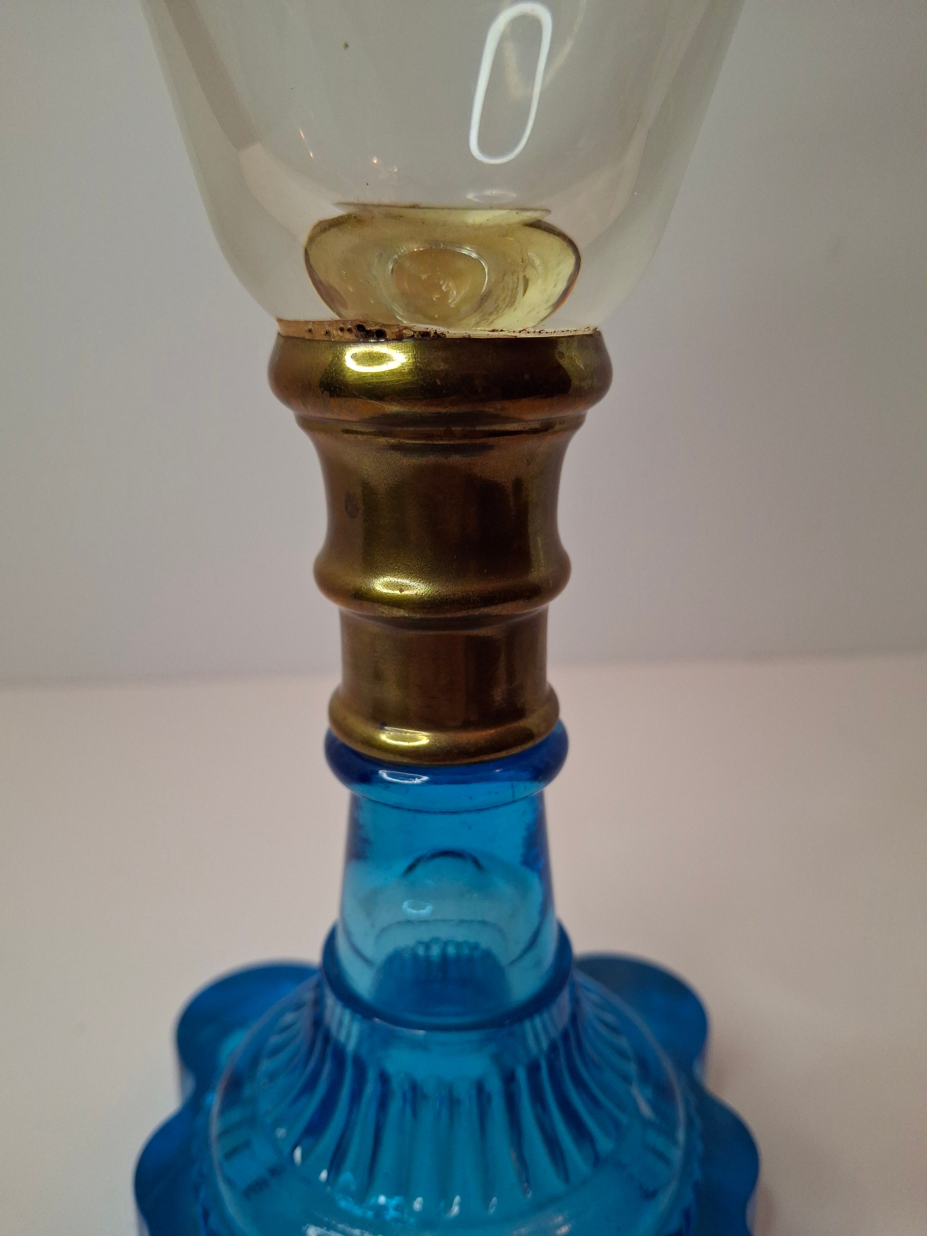 RARE Flint Glass Blue Oil Lamp Scalloped Rib Pedestal 19thC Cerulean Composite