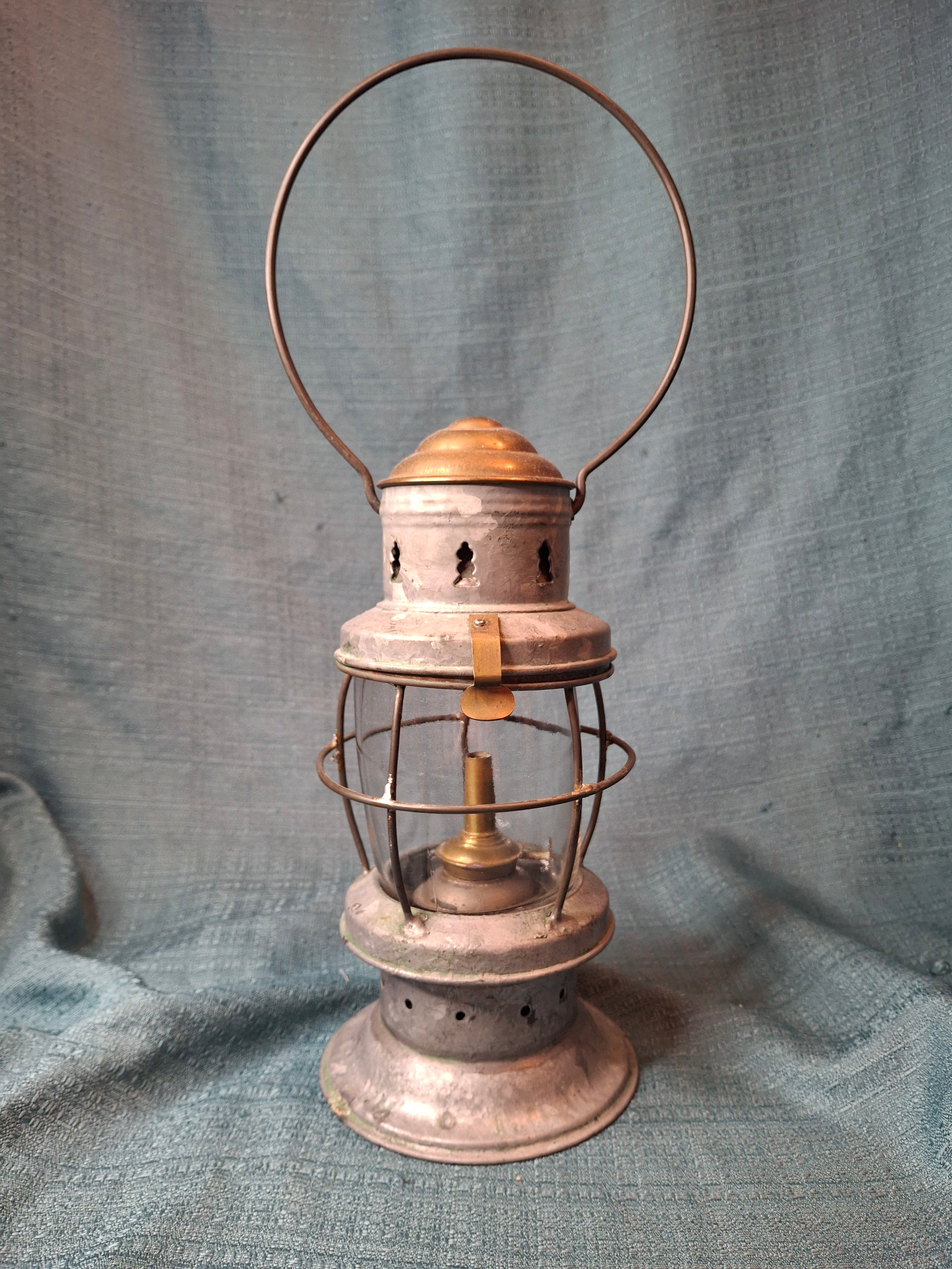 Antique Mid-19th C American Tin and Brass Whale Oil Lantern Double Tube Burner