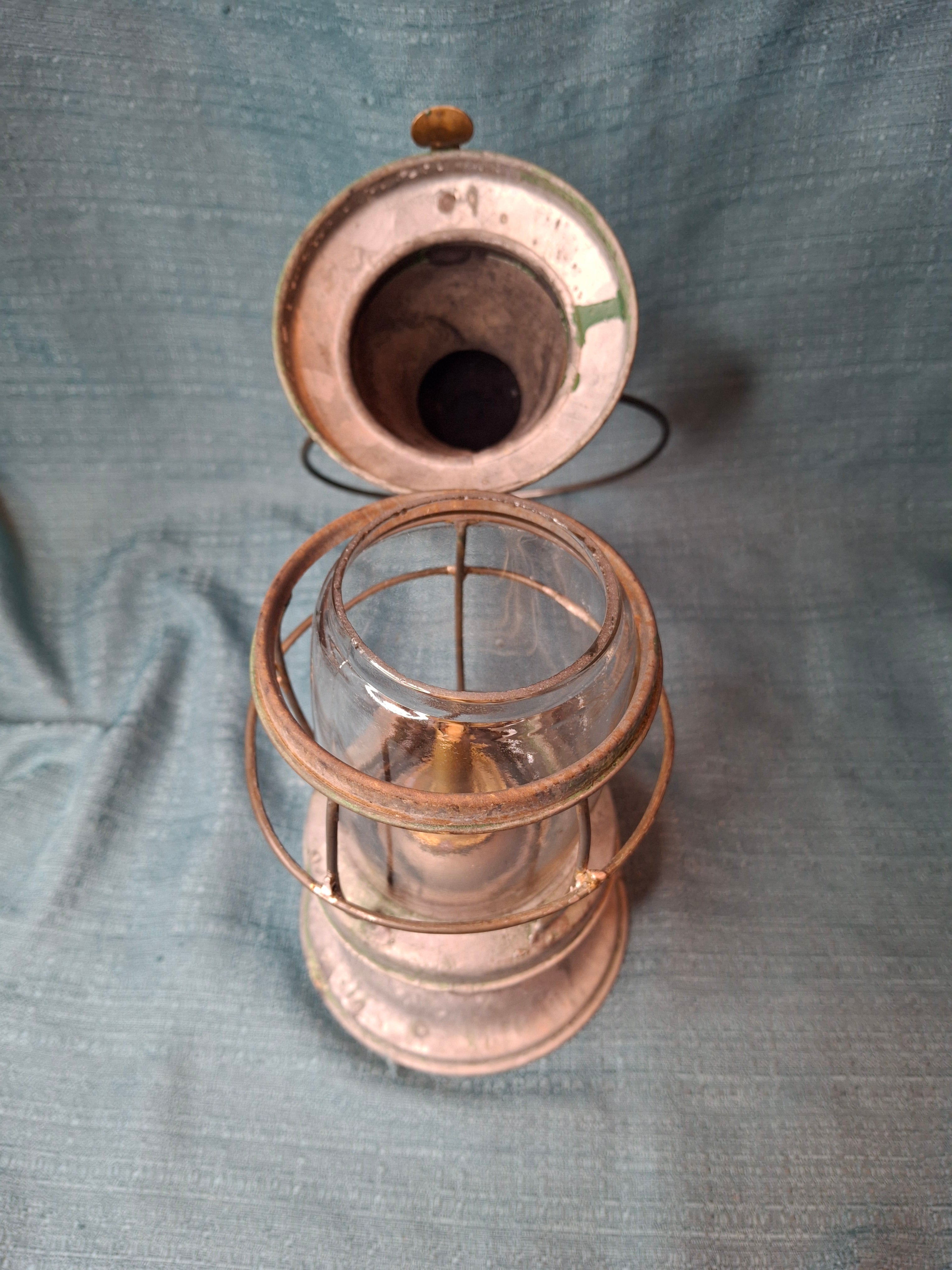 Antique Mid-19th C American Tin and Brass Whale Oil Lantern Double Tube Burner