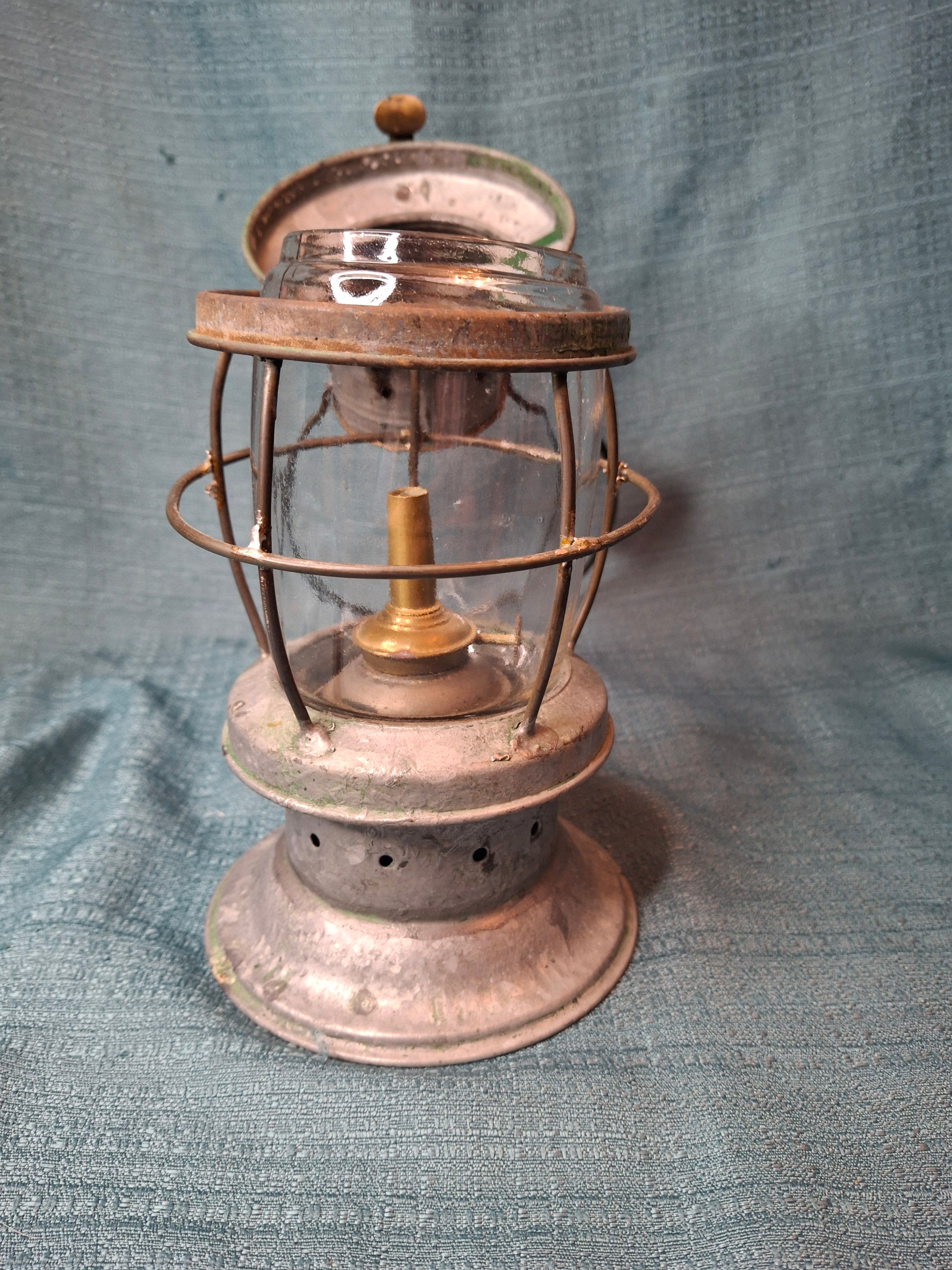 Antique Mid-19th C American Tin and Brass Whale Oil Lantern Double Tube Burner