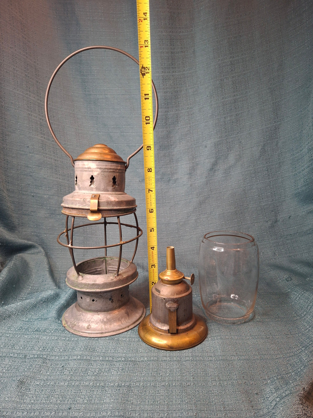 Antique Mid-19th C American Tin and Brass Whale Oil Lantern Double Tube Burner