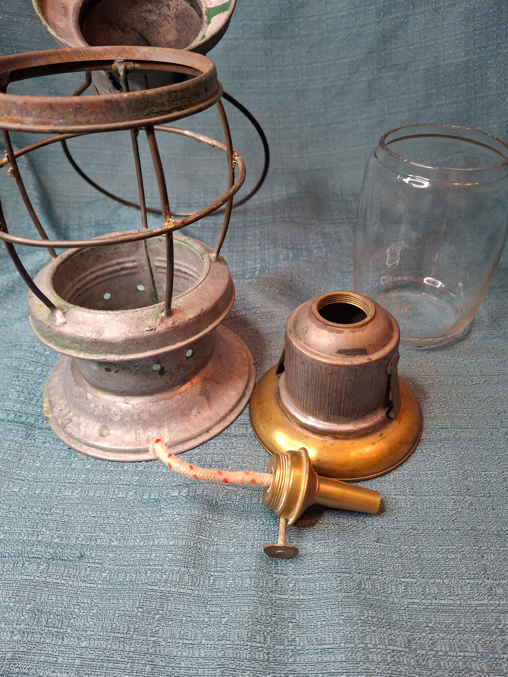 Antique Mid-19th C American Tin and Brass Whale Oil Lantern Double Tube Burner