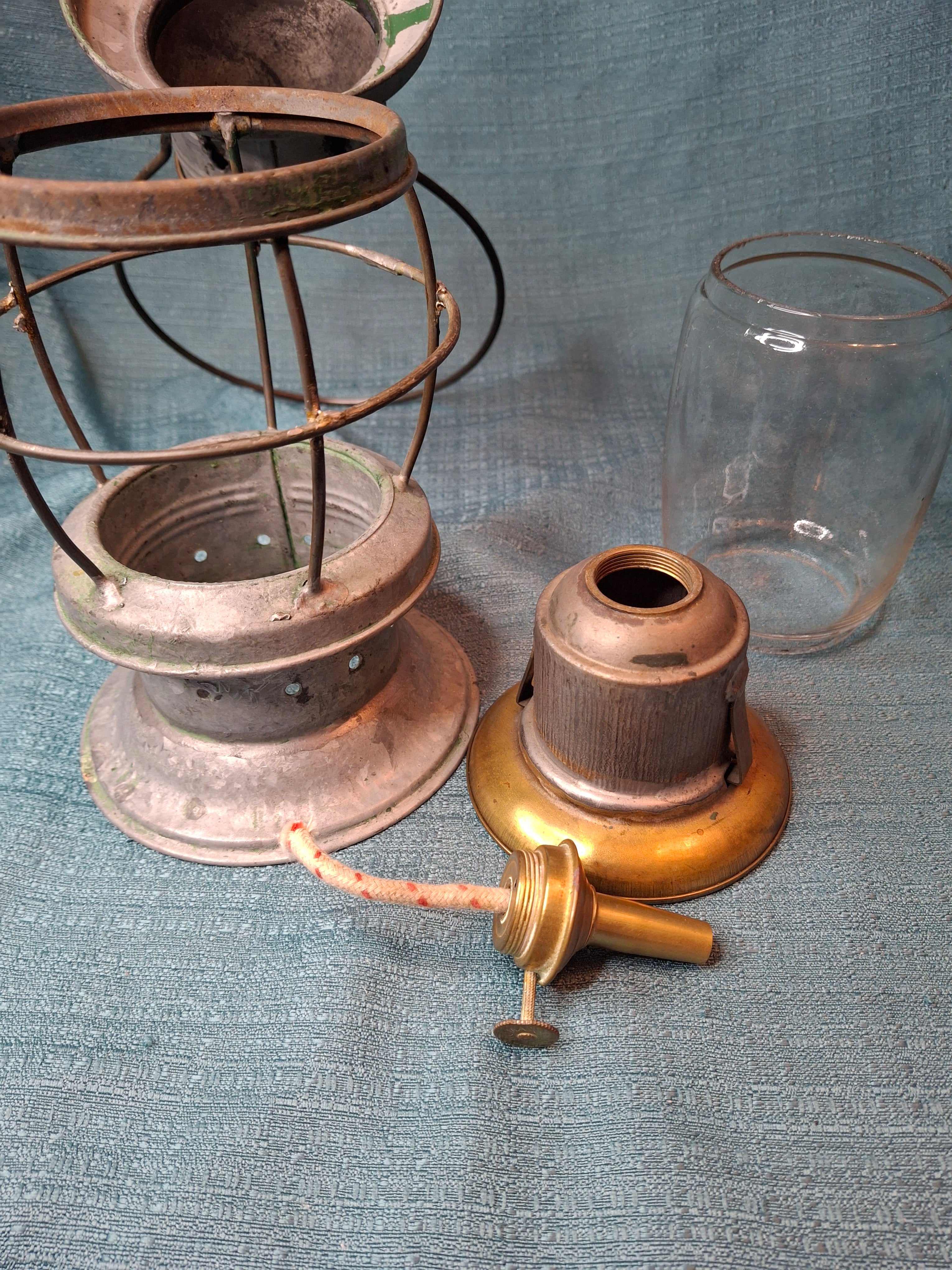 Antique Mid-19th C American Tin and Brass Whale Oil Lantern Double Tube Burner